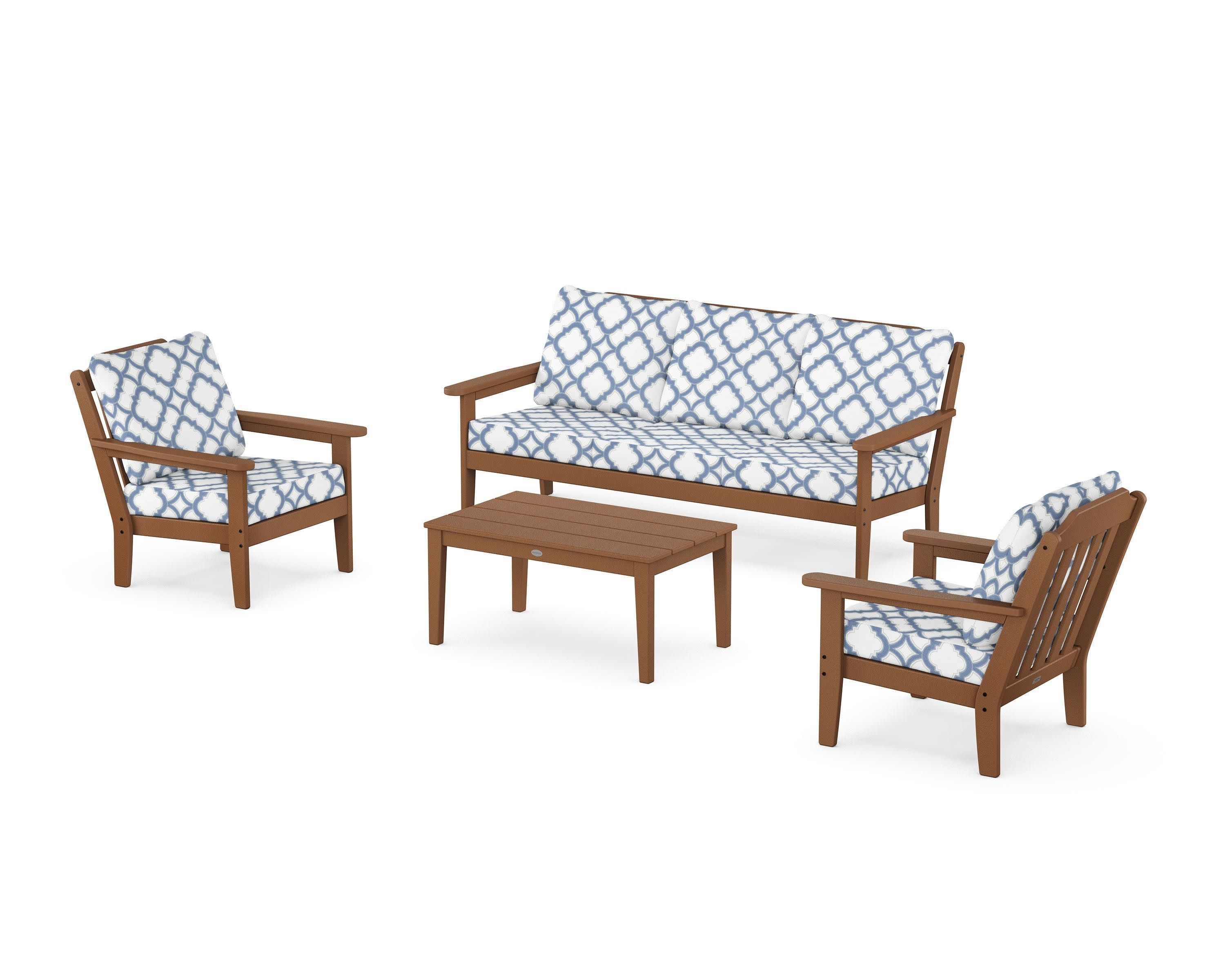 Cottage 4-Piece Deep Seating Set with Sofa in Teak / Trellis Sky Blue