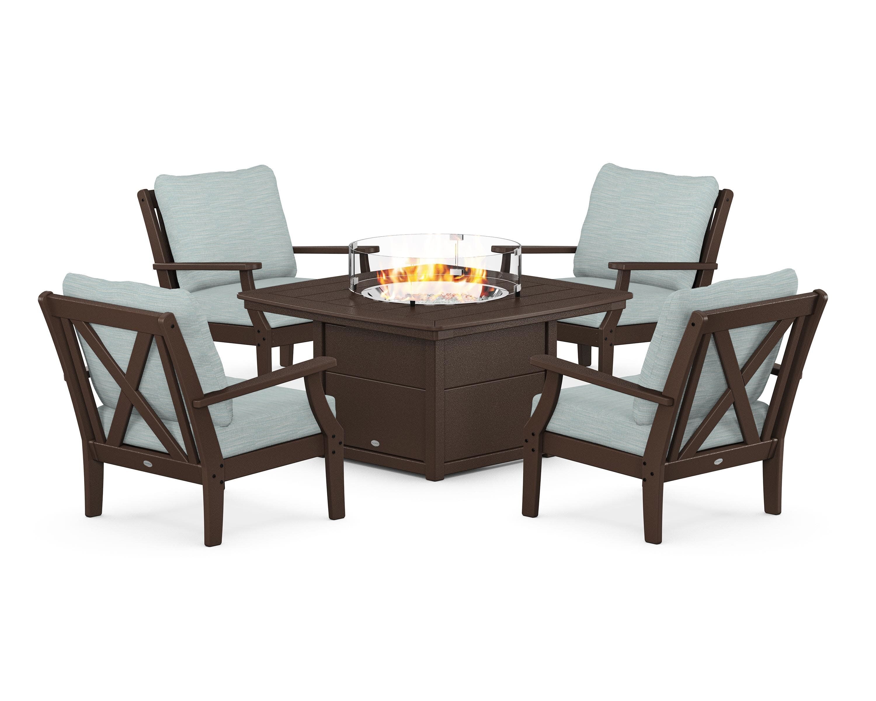 Braxton 5-Piece Deep Seating Conversation Set with Fire Pit Table in Mahogany / Soothe Mist