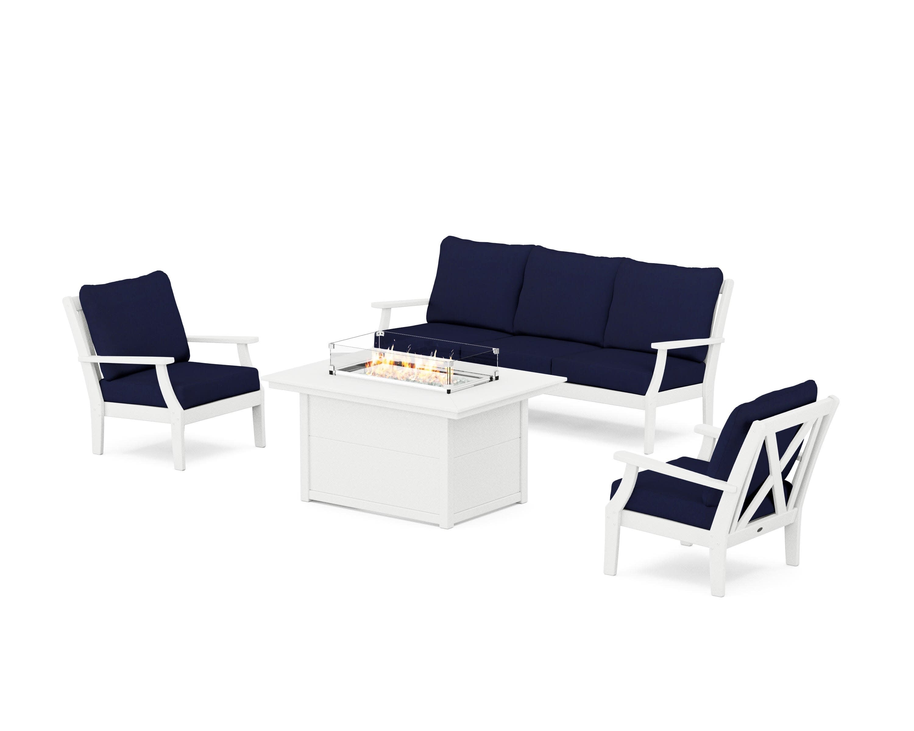 Braxton Deep Seating Fire Pit Table Set in White / Navy