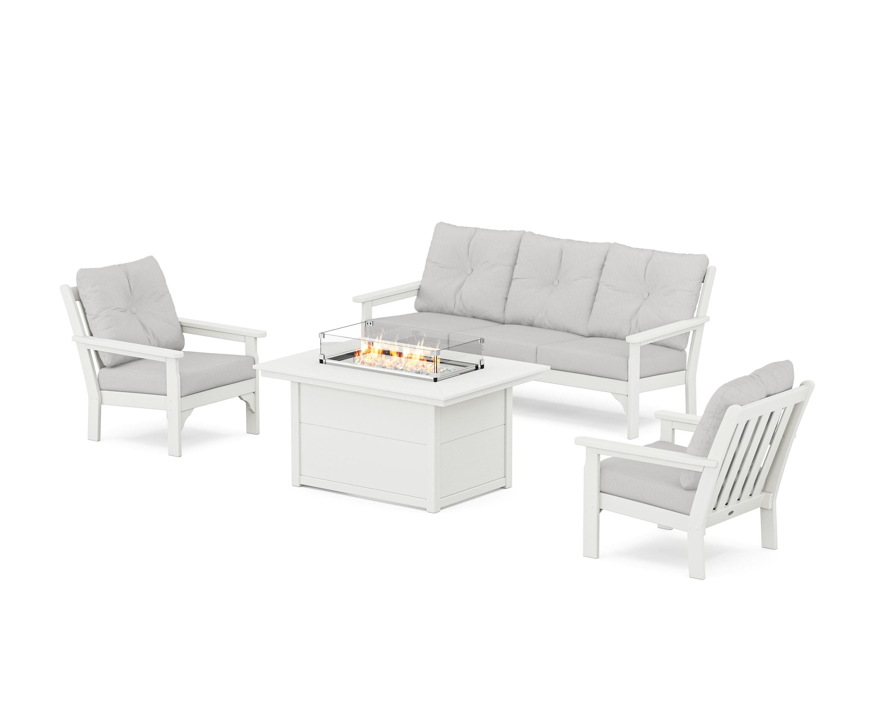 Vineyard Deep Seating Fire Pit Table Set in Vintage White / Diamond in the Rough