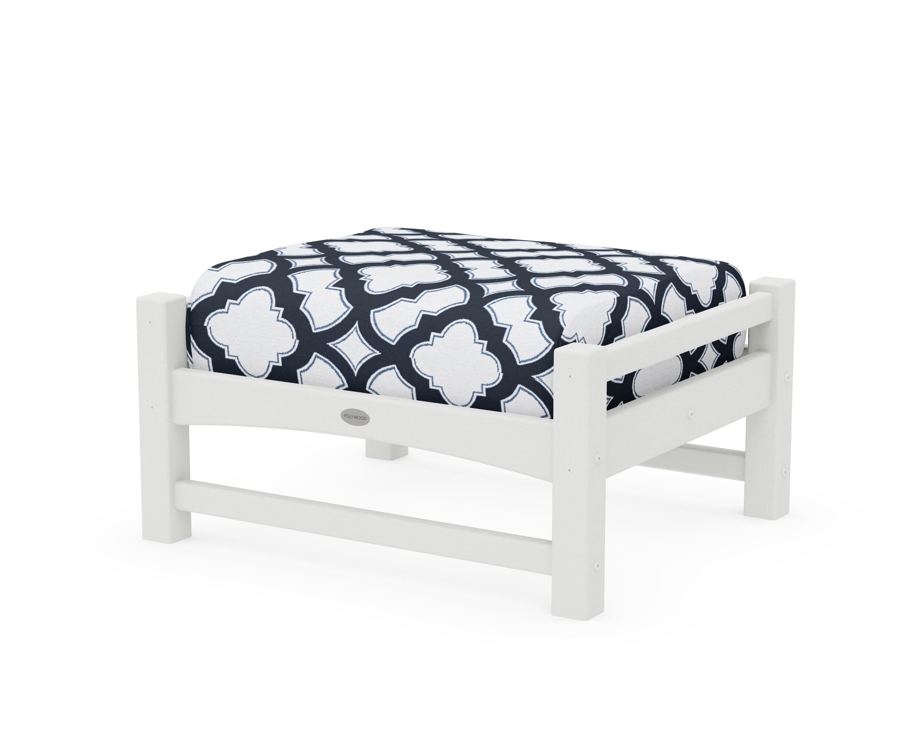 Club Ottoman in Vintage White / Trellis Marine Indigo