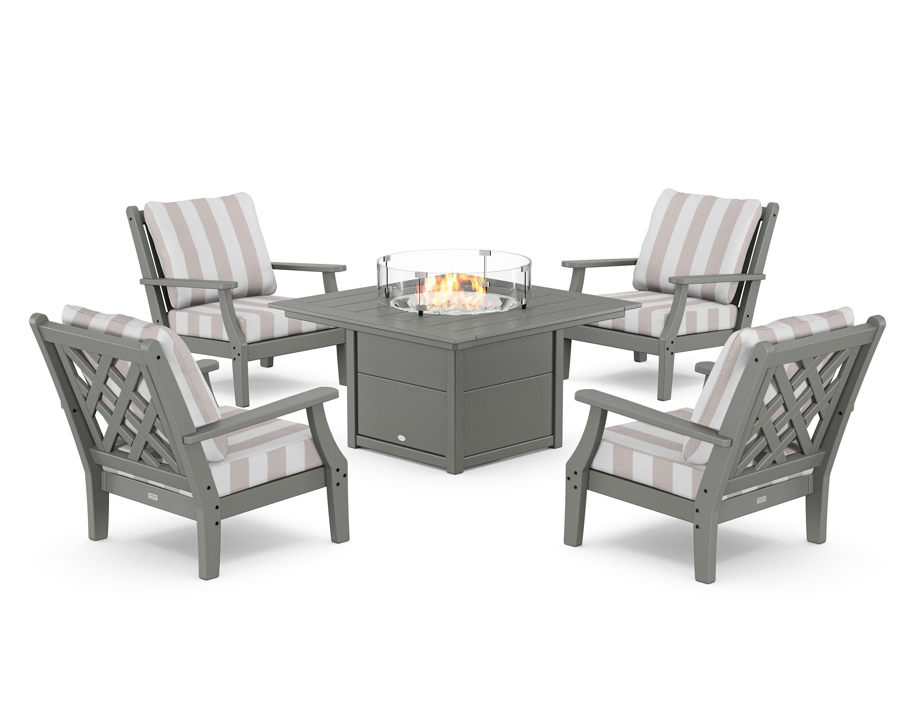Wovendale 5-Piece Deep Seating Set with Fire Pit Table in Slate Grey / Cabana Stripe Dune Burlap