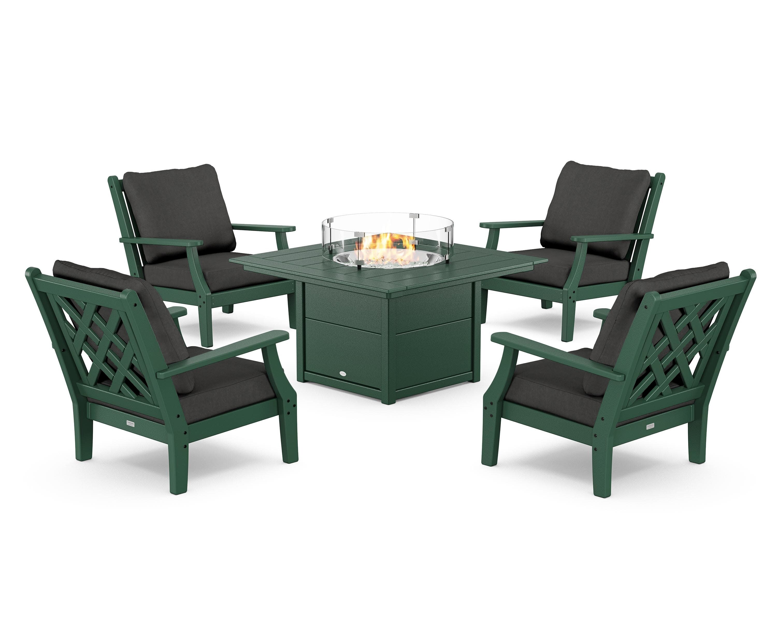 Wovendale 5-Piece Deep Seating Set with Fire Pit Table in Green / Spectrum Carbon