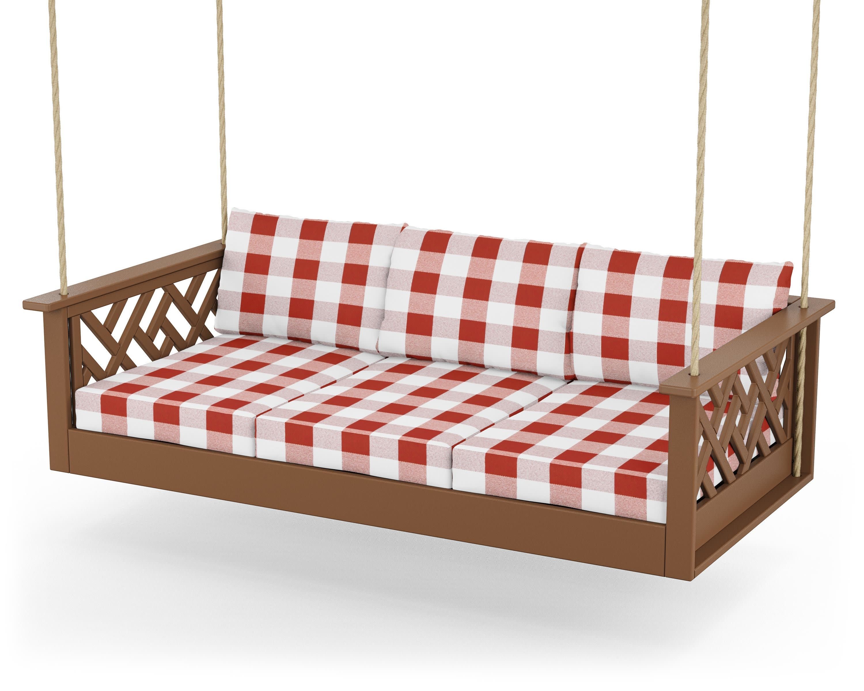 Chippendale Daybed Swing in Teak / Buffalo Plaid Crimson