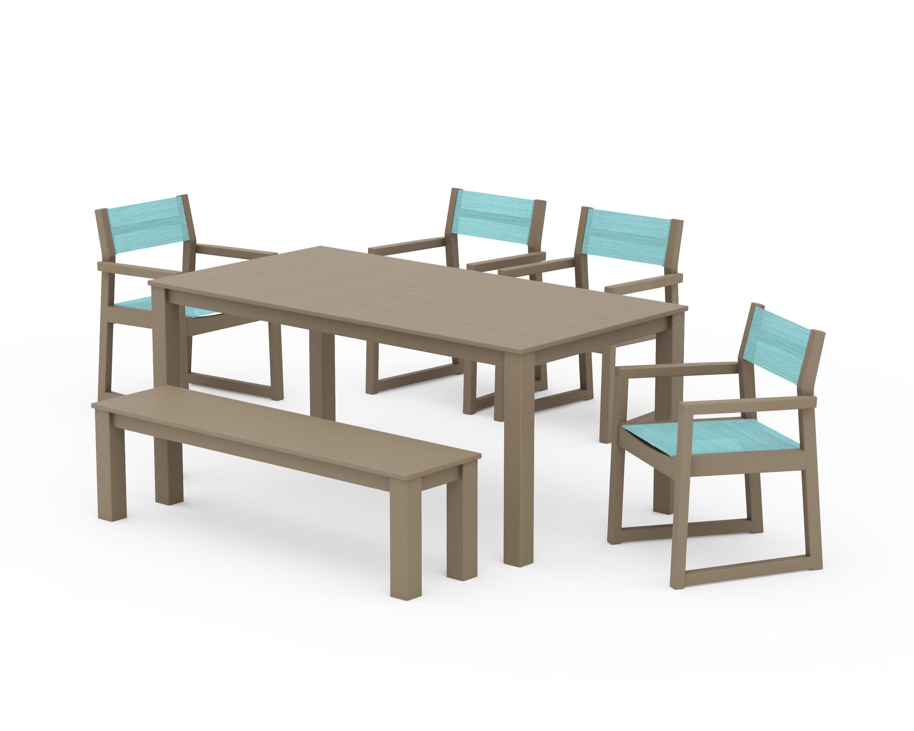 EDGE Sling Arm Chair 6-Piece Parsons Dining Set with Bench in Vintage Sahara / Dupioni Aquamarine Sling