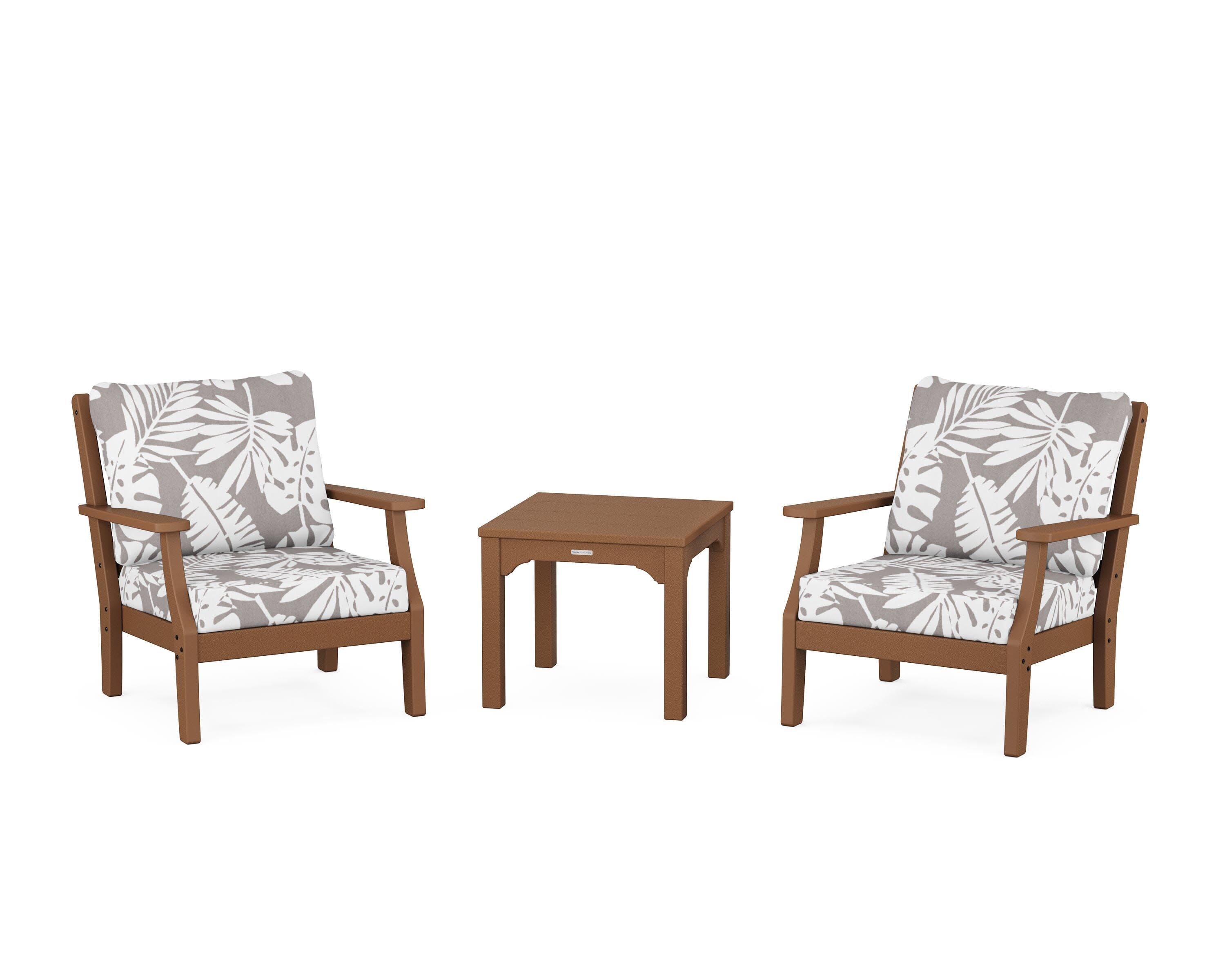 Chinoiserie 3-Piece Deep Seating Set in Teak / Leaf Grey Mist