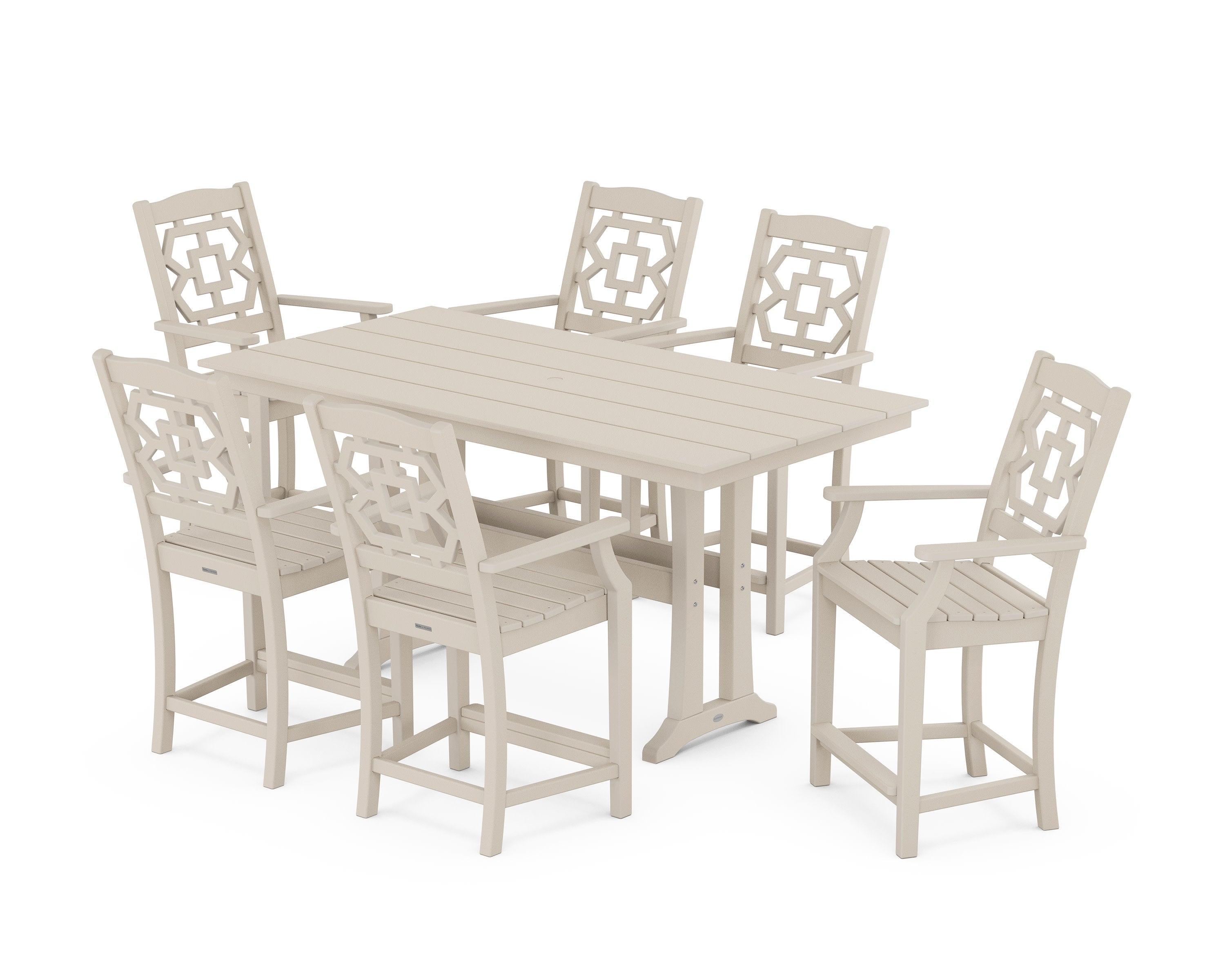 Chinoiserie Arm Chair 7-Piece Farmhouse Counter Set with Trestle Legs in Sand
