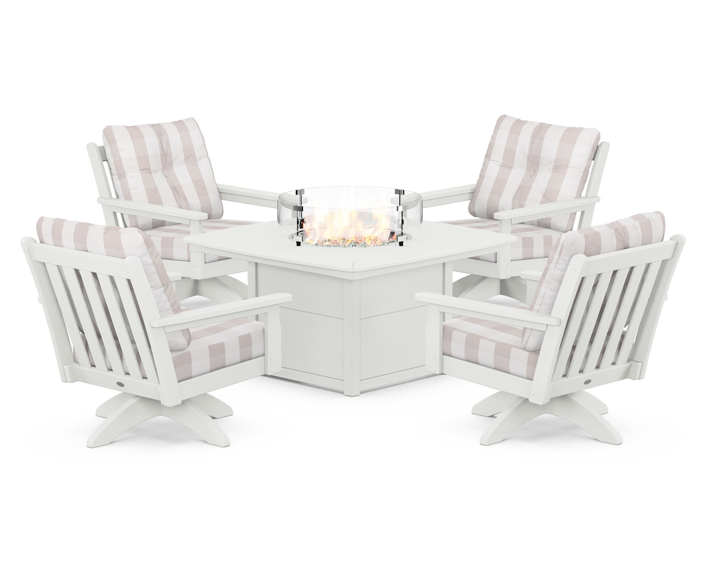 Vineyard 5-Piece Deep Seating Swivel Conversation Set with Fire Pit Table in Vintage White / Buffalo Plaid Dune Burlap
