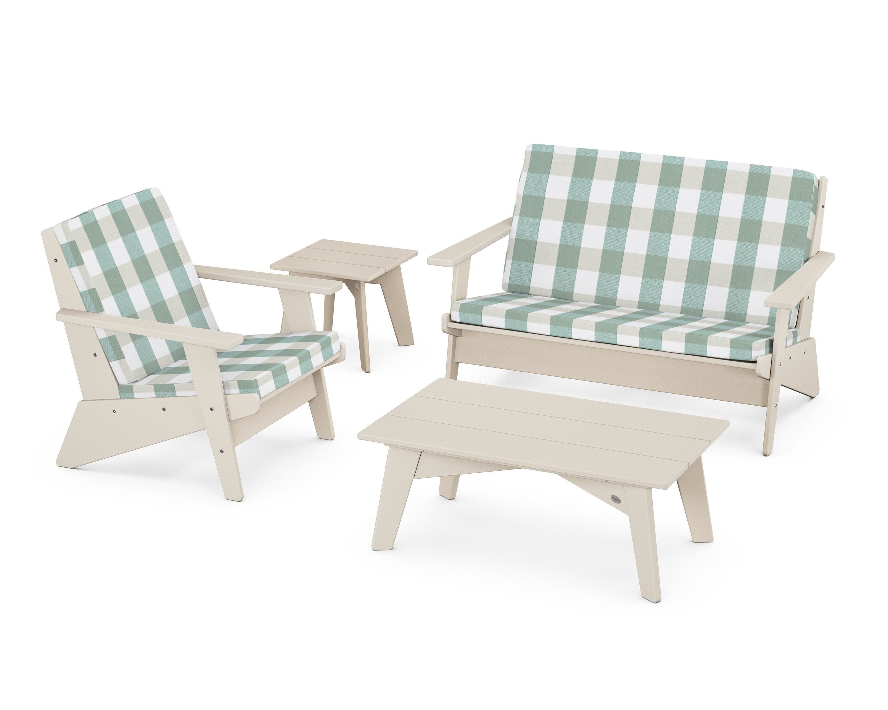 Riviera Modern Lounge 4-Piece Set in Sand / Buffalo Plaid Glacier Spa