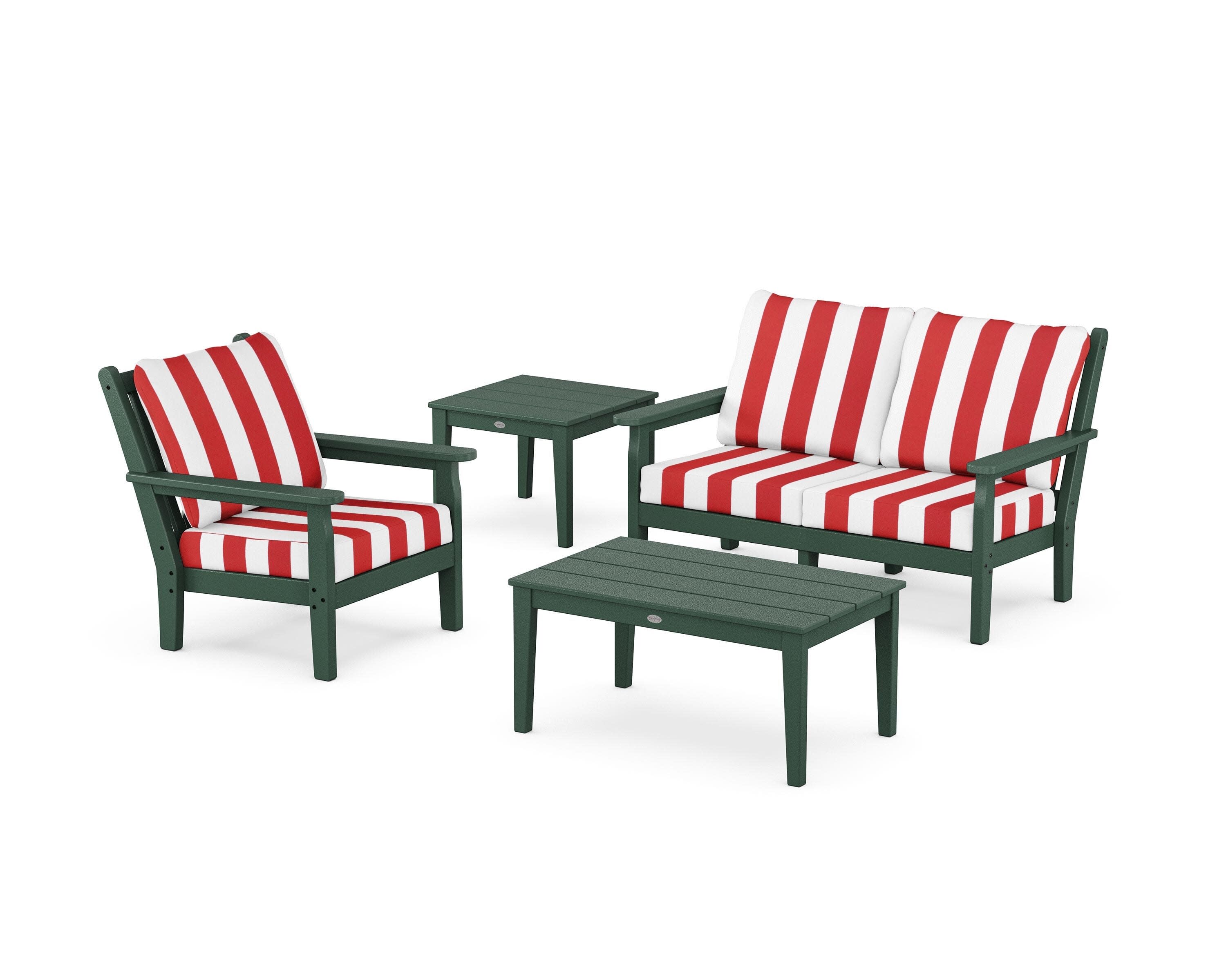 Chippendale 4-Piece Deep Seating Set in Green / Cabana Stripe Crimson