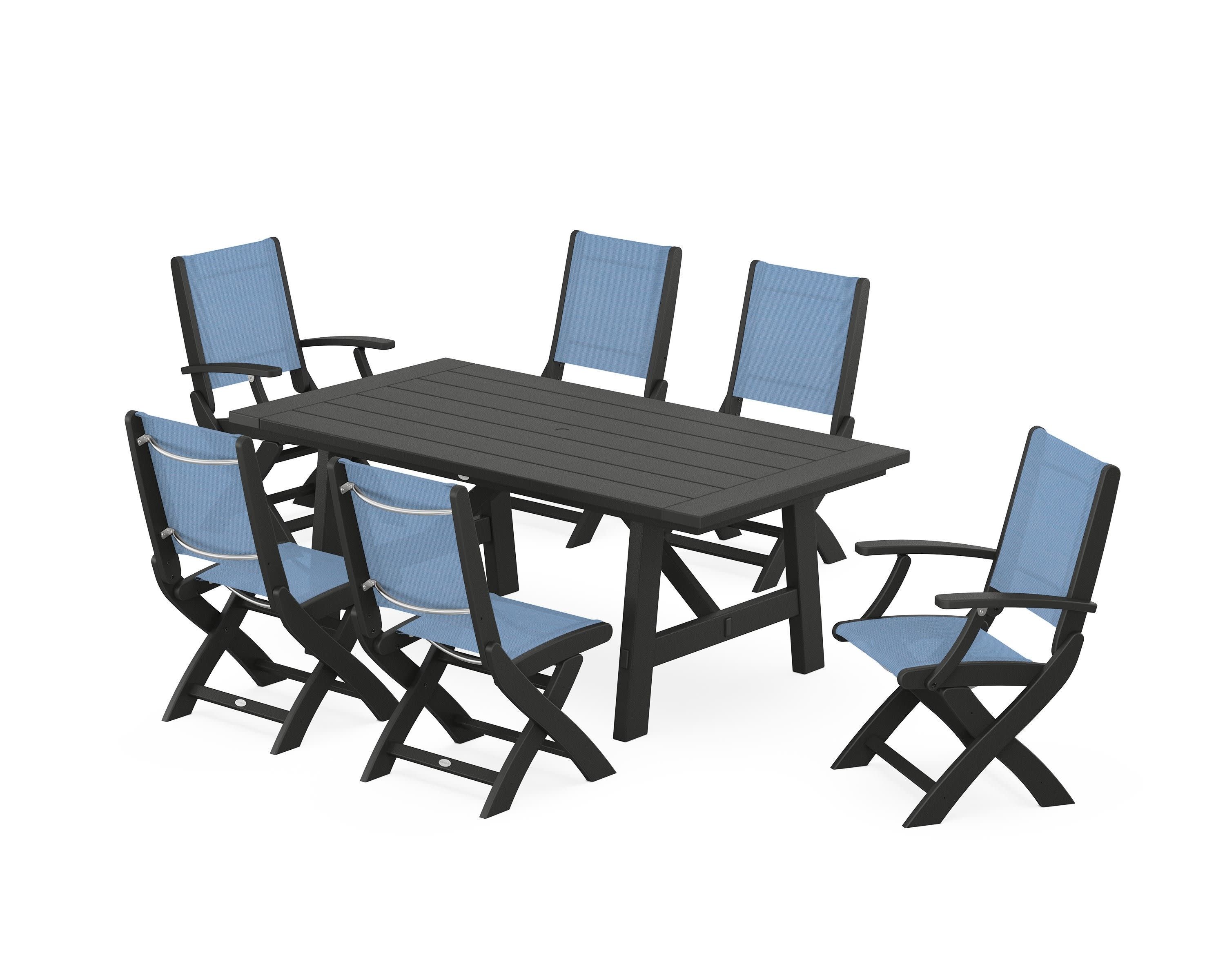 Coastal Folding Chair 7-Piece Rustic Farmhouse Dining Set in Black / Poolside Sling