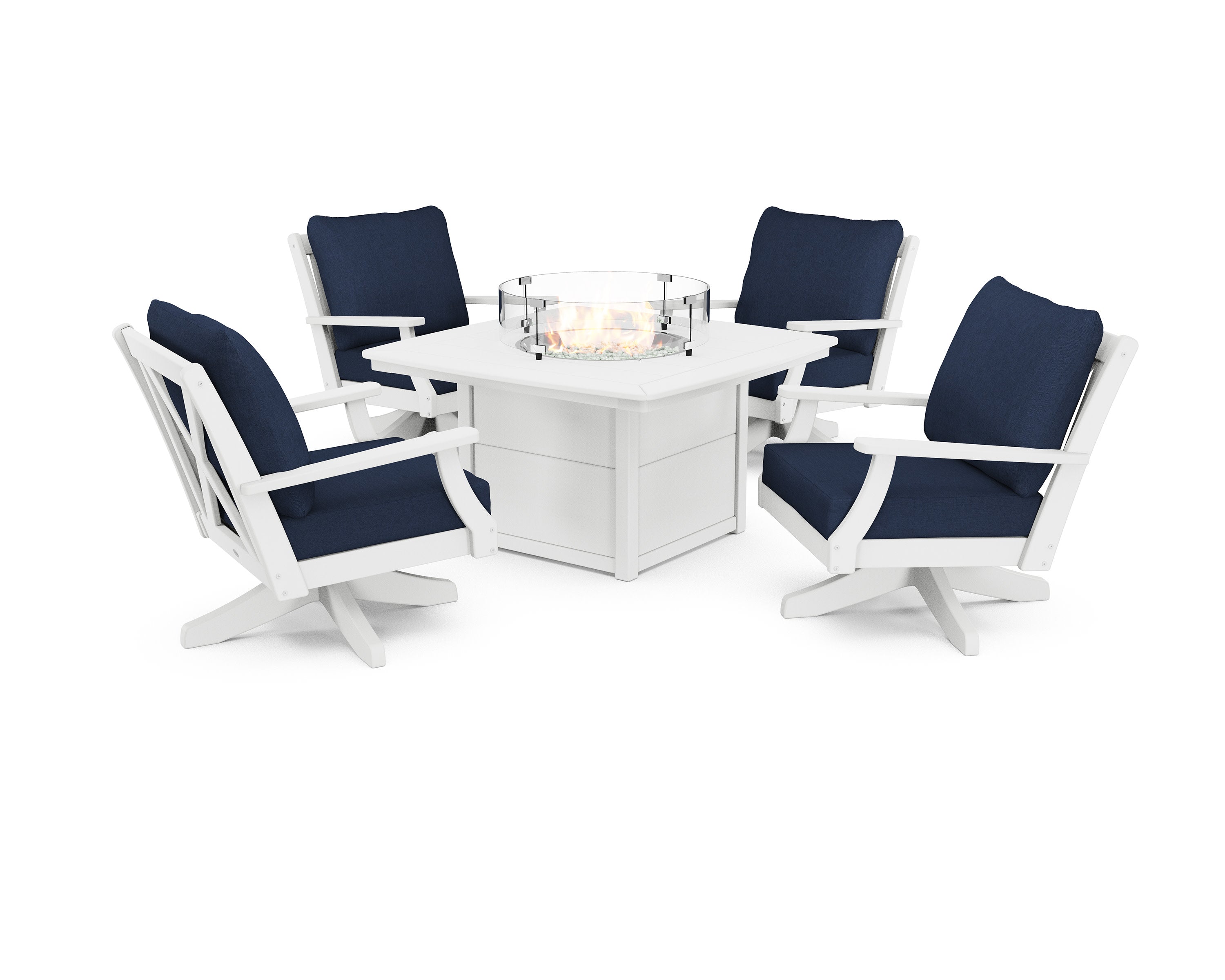 Braxton 5-Piece Deep Seating Swivel Conversation Set with Fire Pit Table in White / Spectrum Indigo