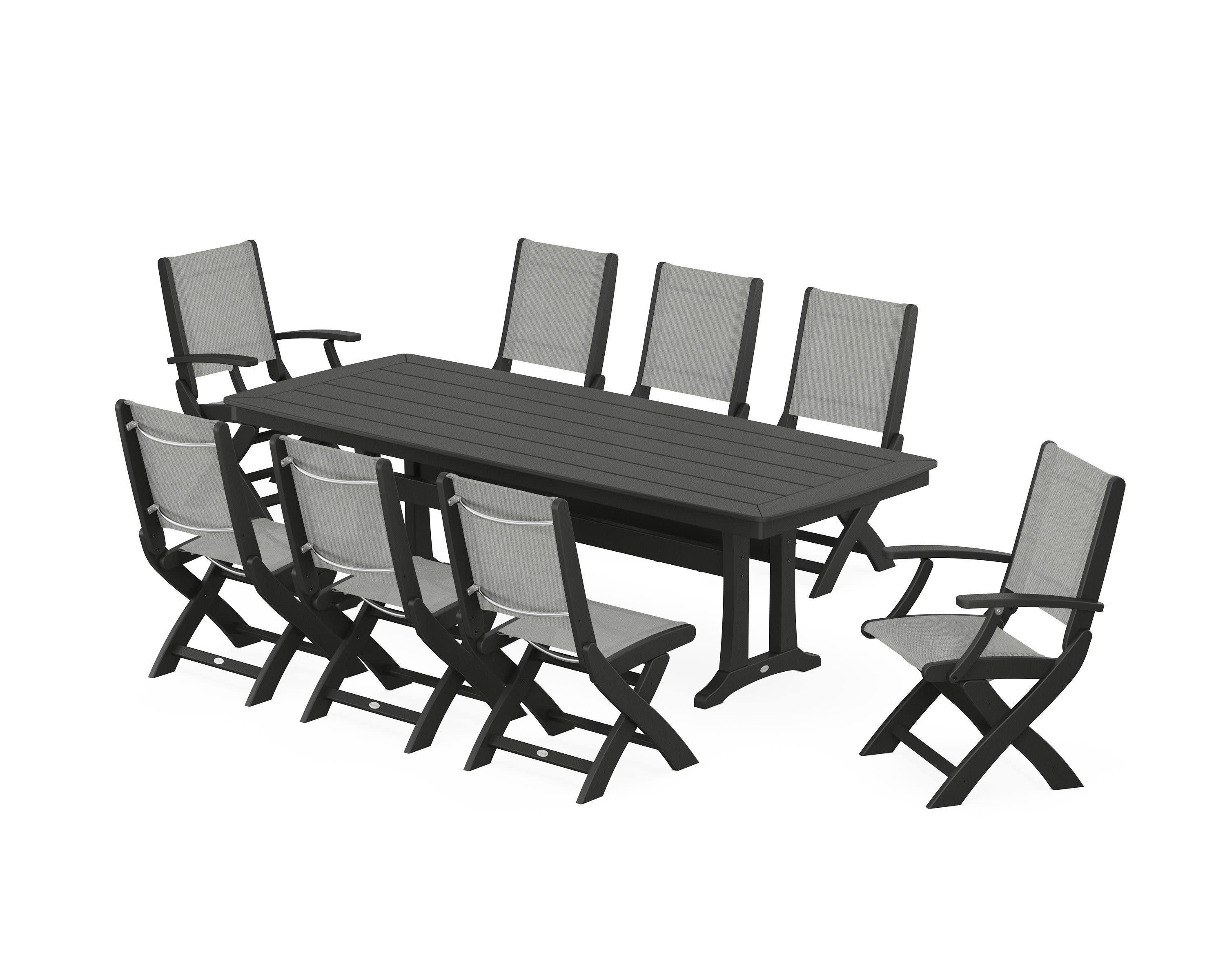 Coastal Folding 9-Piece Dining Set with Trestle Legs in Black / Metallic Sling