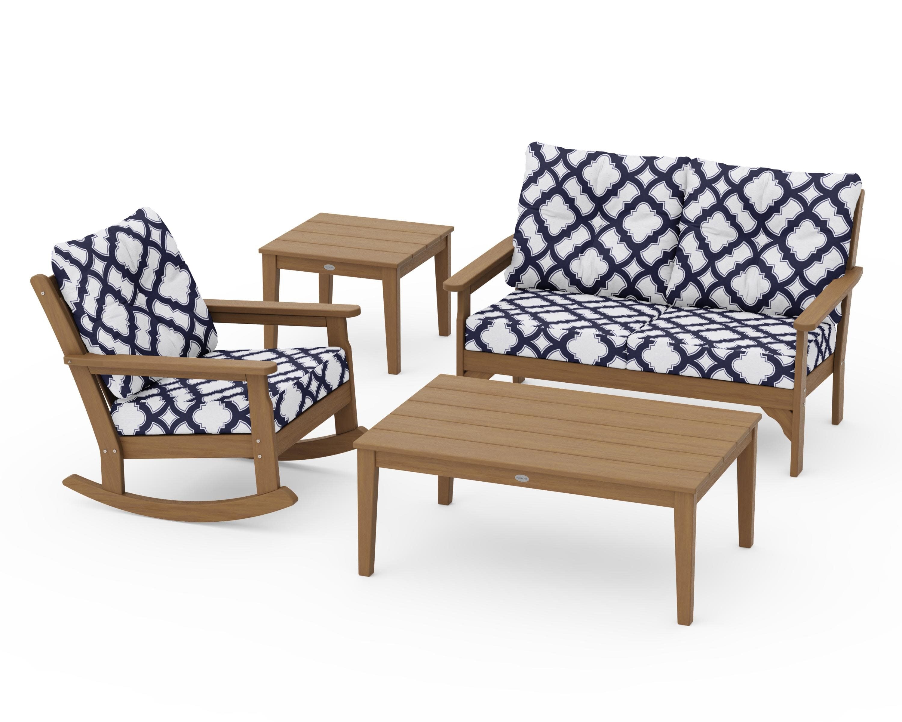 Vineyard 4-Piece Deep Seating Rocker Set in Natural / Trellis Navy
