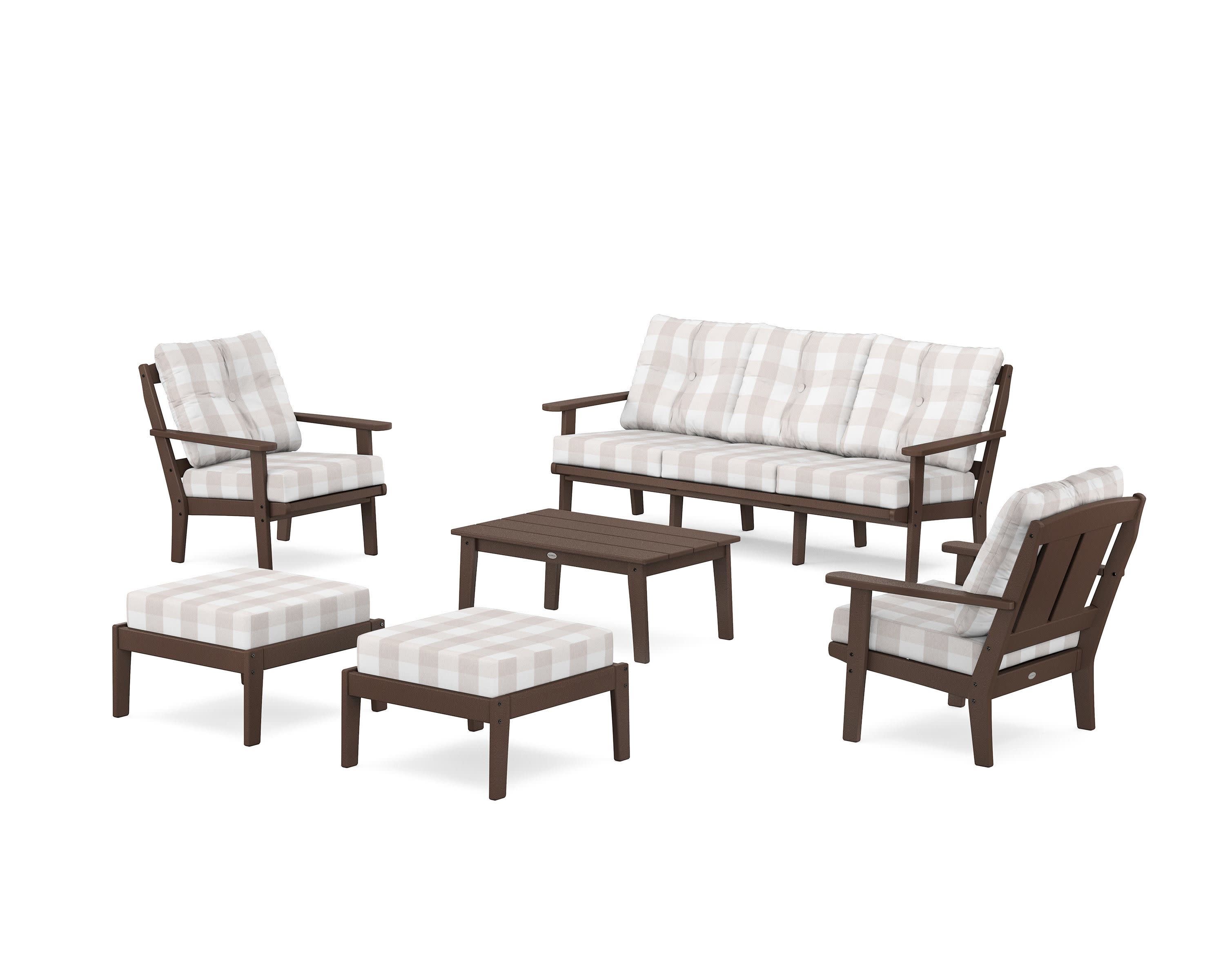 Mission 6-Piece Lounge Sofa Set in Mahogany / Buffalo Plaid Dune Burlap