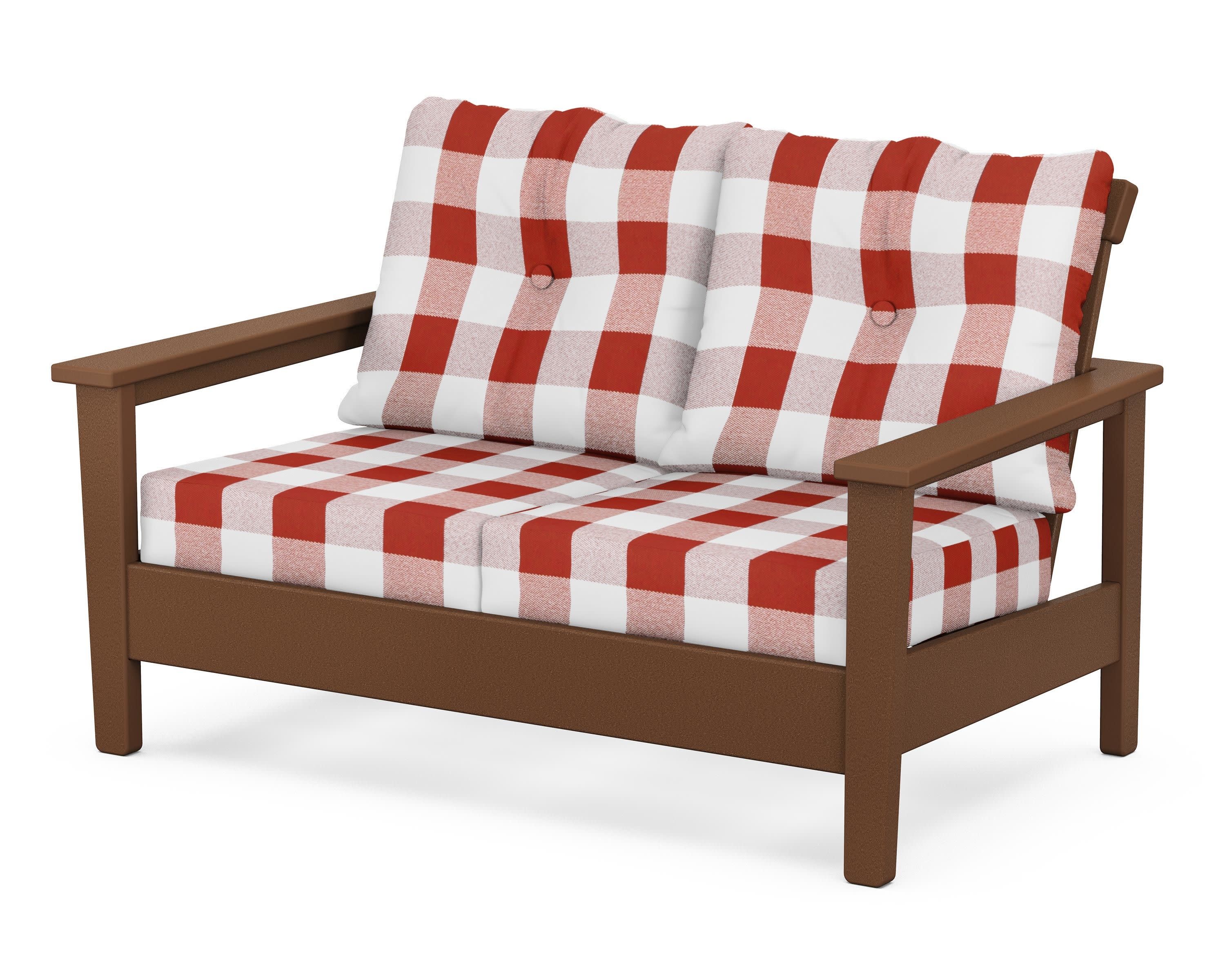 Prescott Deep Seating Loveseat in Teak / Buffalo Plaid Crimson