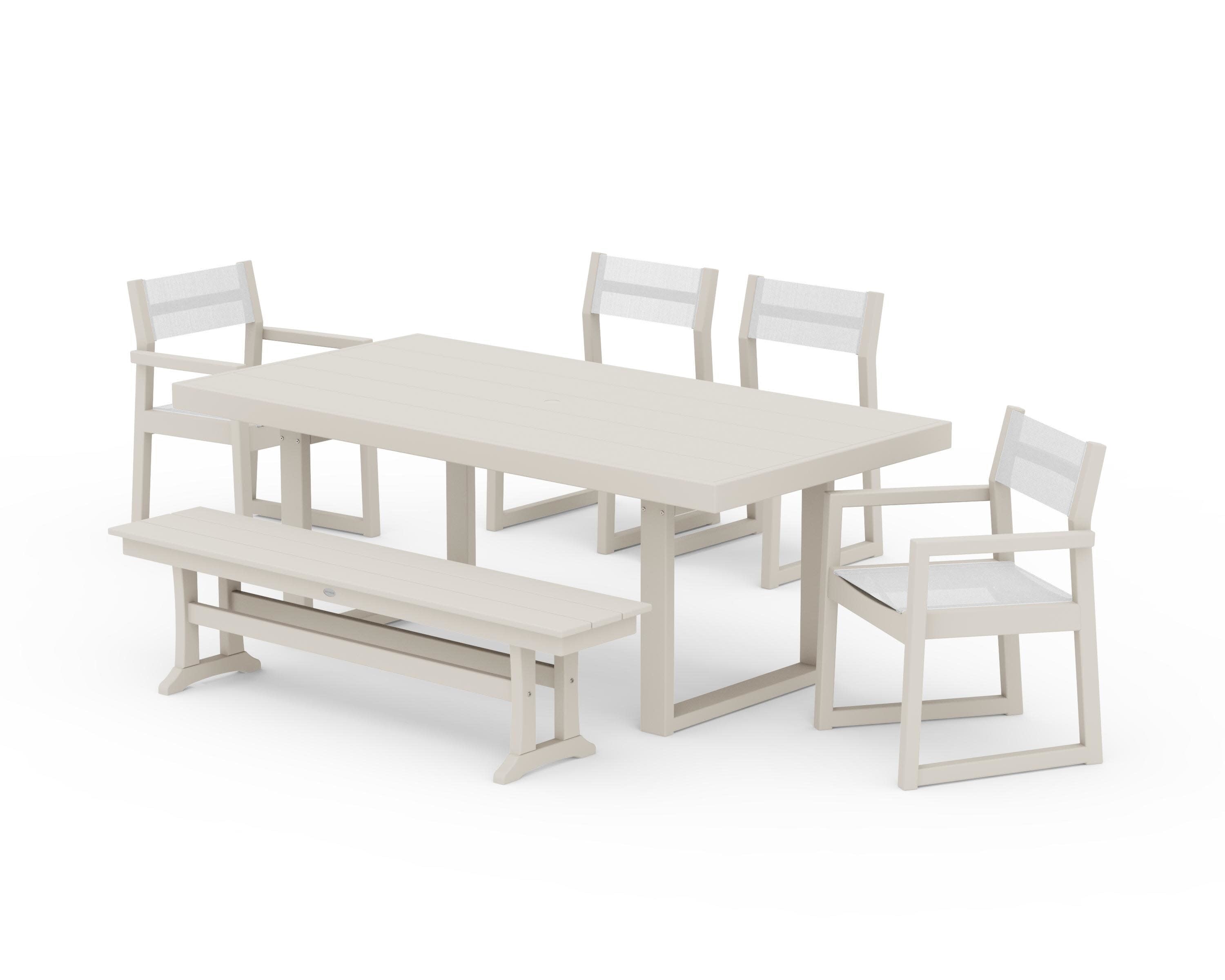 EDGE Sling 6-Piece Dining Set with Bench in Sand / White Sling