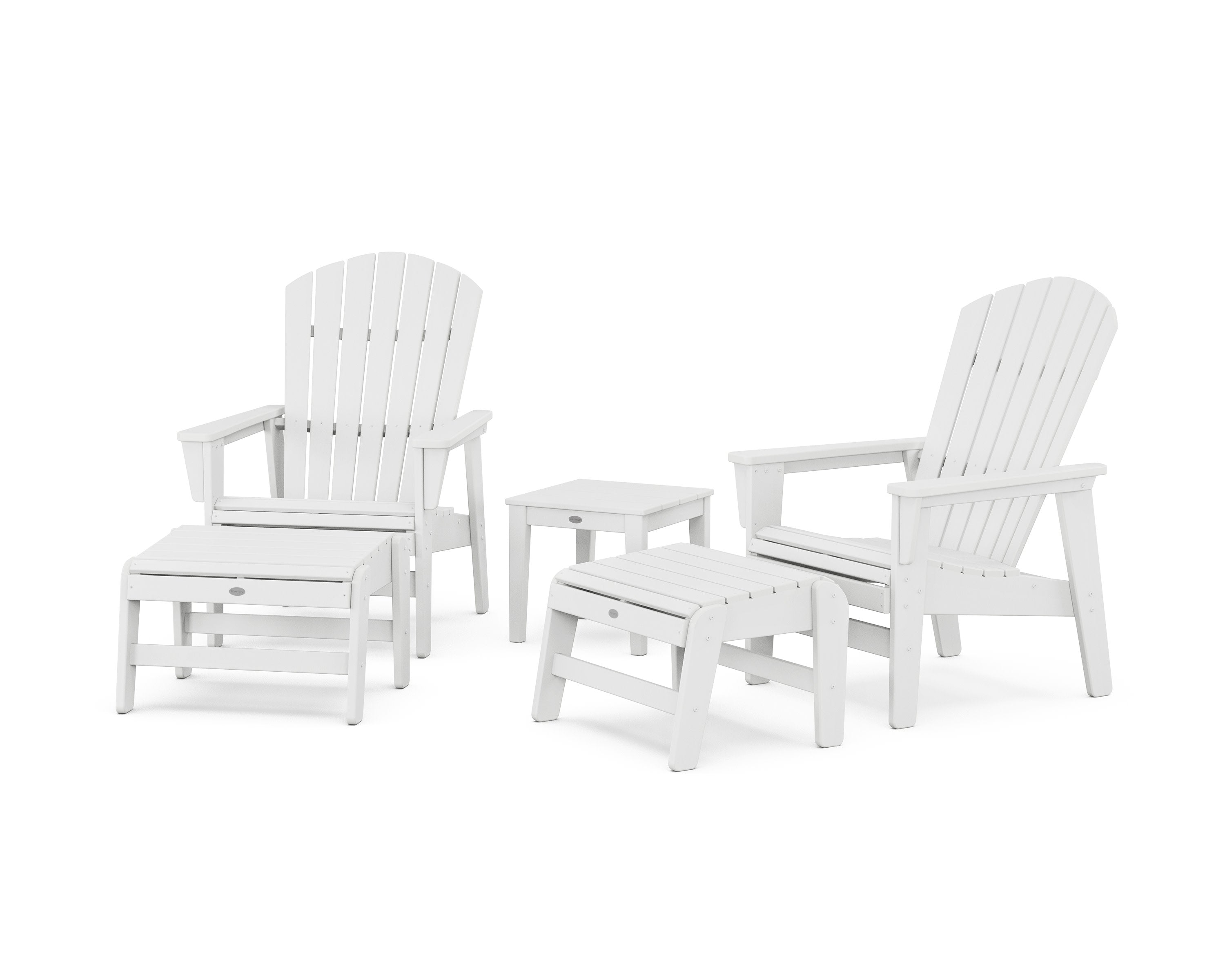 5-Piece Nautical Grand Upright Adirondack Set with Ottomans and Side Table in White