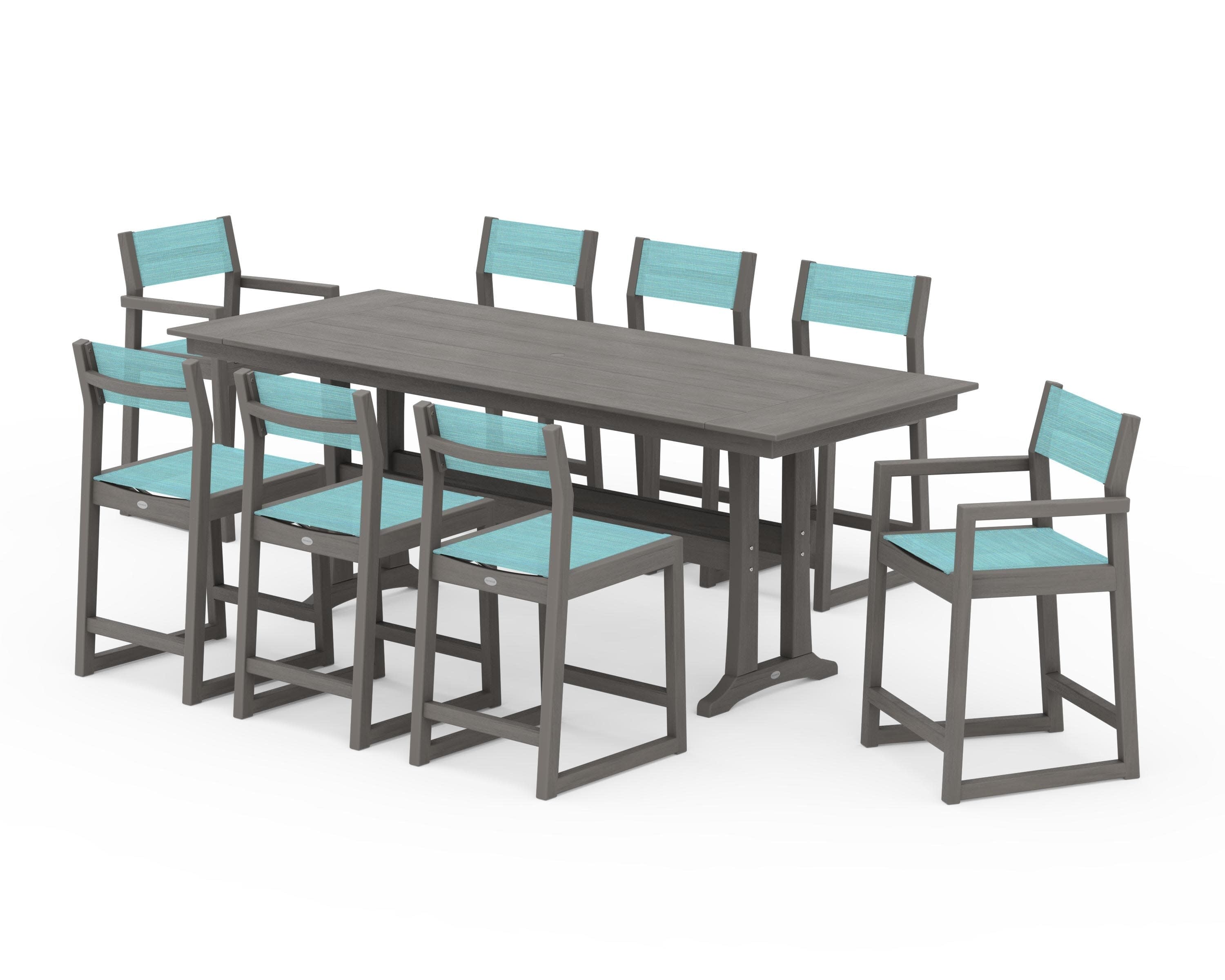 EDGE Sling 9-Piece Farmhouse Counter Set with Trestle Legs in Driftwood / Dupioni Aquamarine Sling