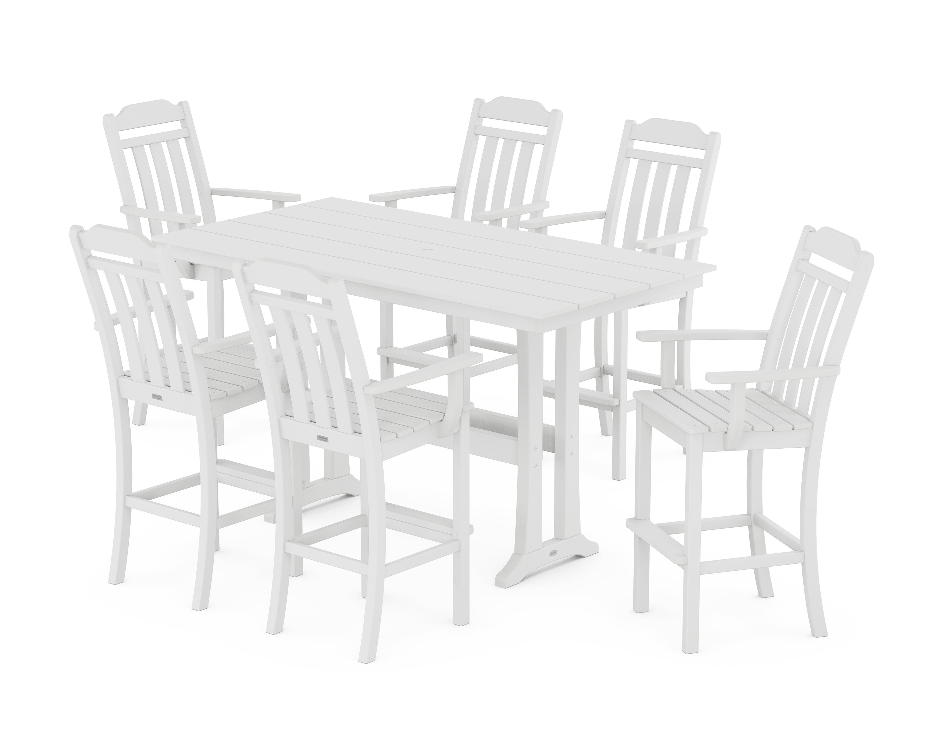 Cottage Arm Chair 7-Piece Farmhouse Bar Set with Trestle Legs in White