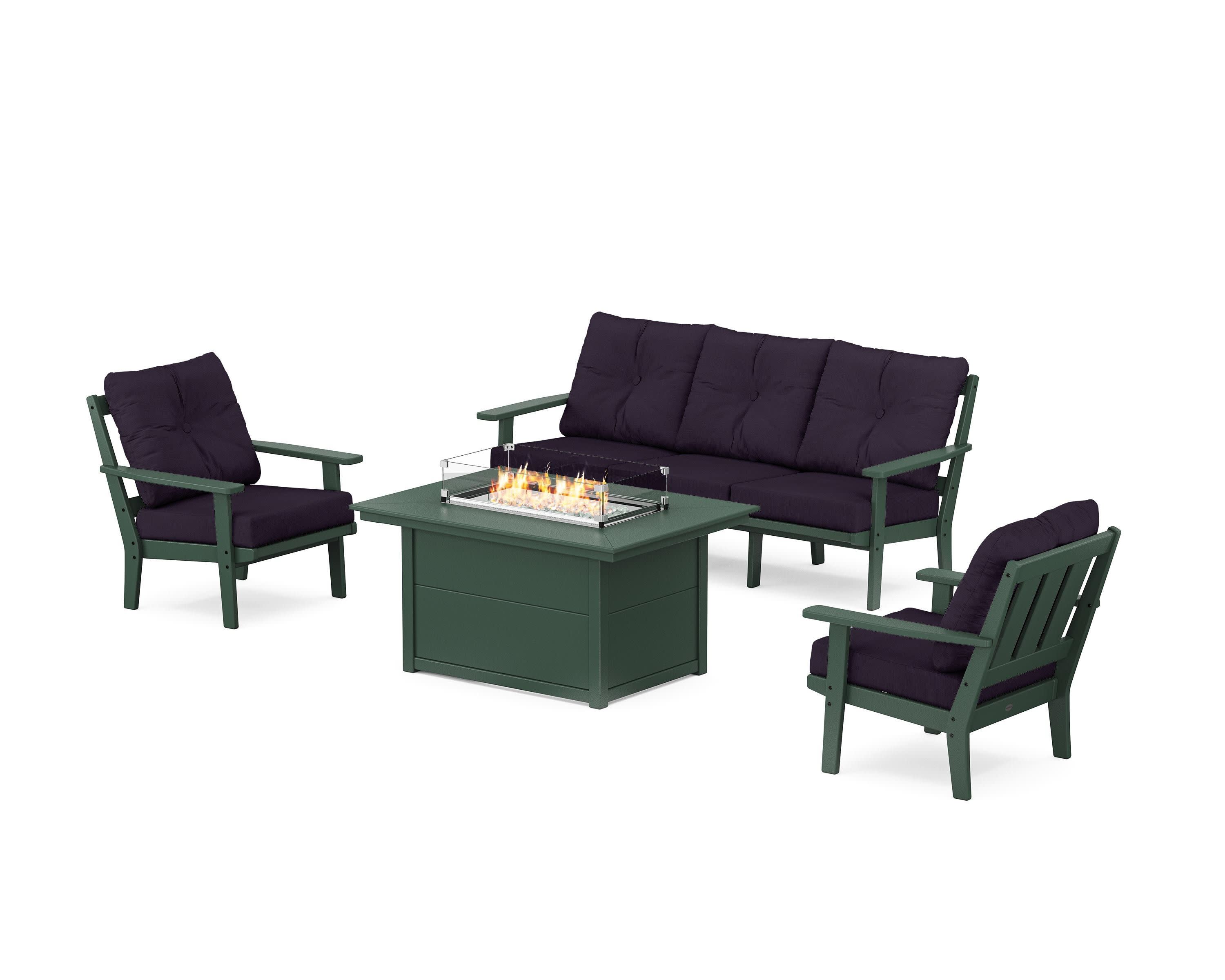 Oxford Deep Seating Fire Pit Table Set in Green / Navy Linen