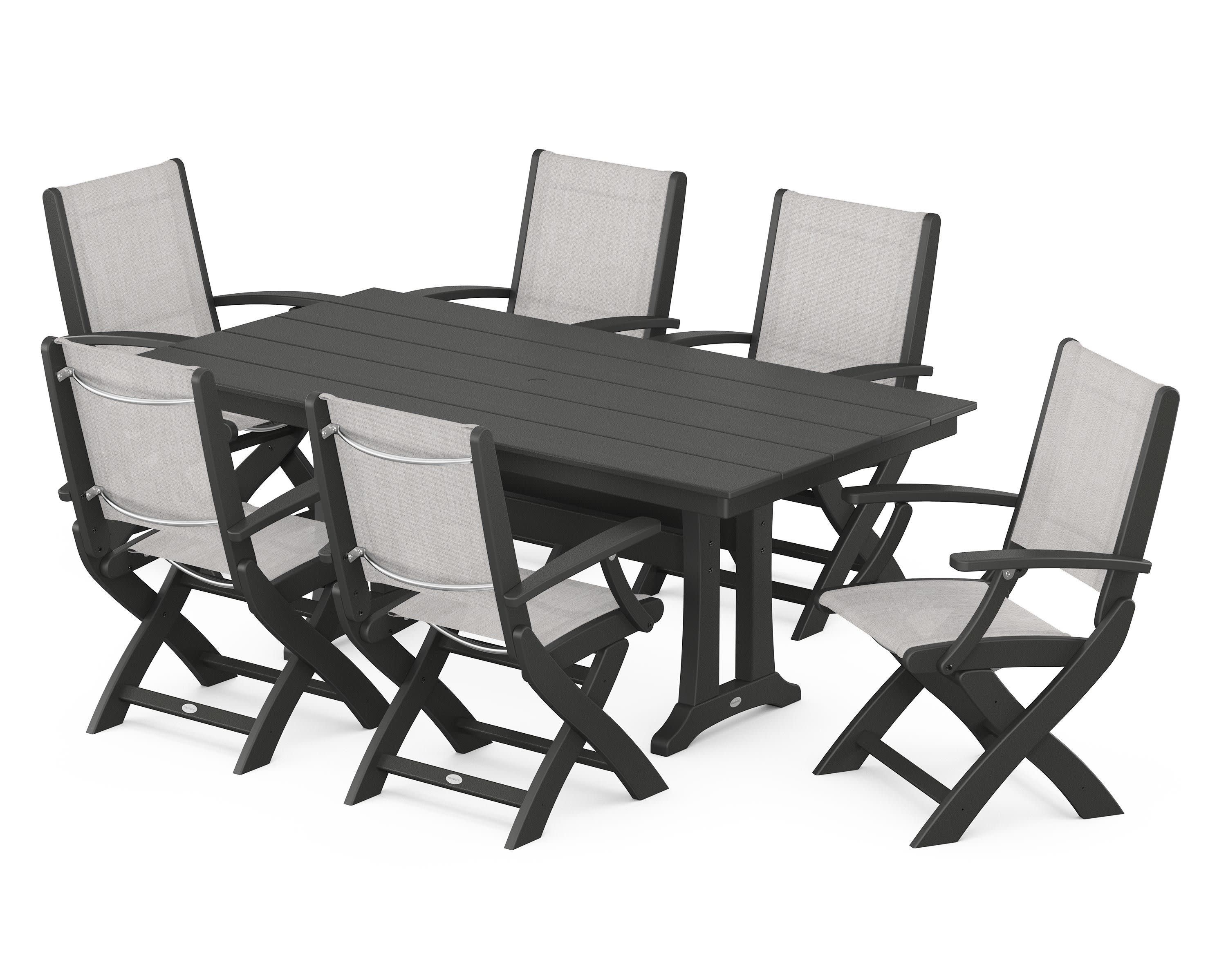 Coastal Folding Arm Chair 7-Piece Farmhouse Dining Set with Trestle Legs in Black / Parchment Sling
