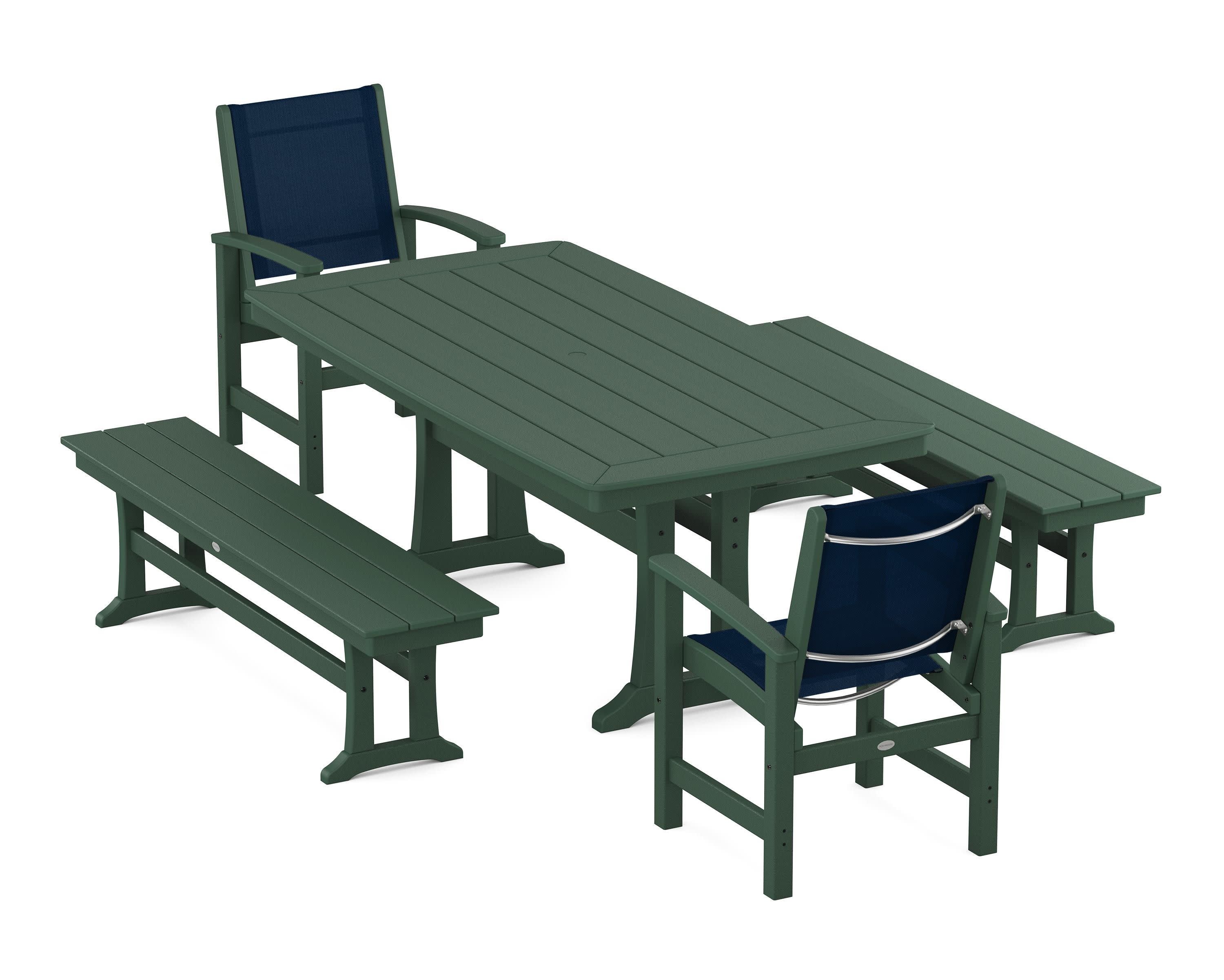 Coastal 5-Piece Dining Set with Trestle Legs and Benches in Green / Navy Blue Sling