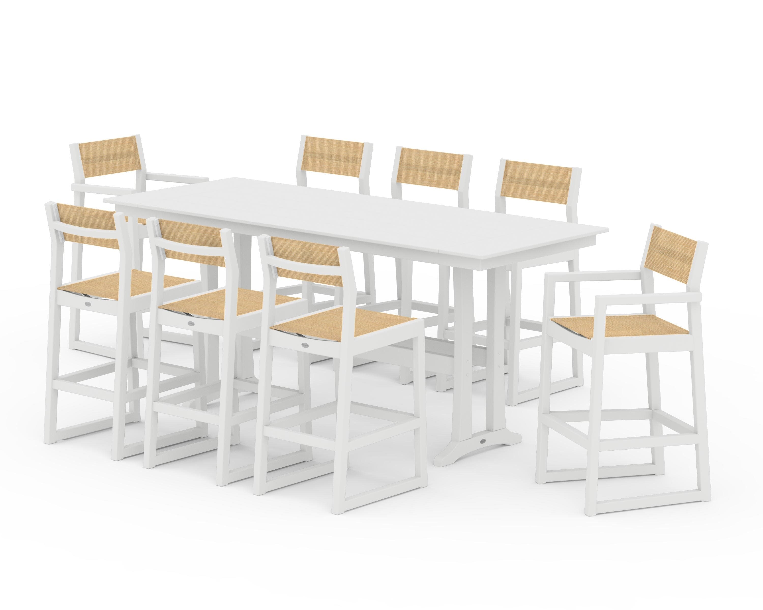 EDGE Sling 9-Piece Farmhouse Bar Set with Trestle Legs in White / Dupioni Apricot Sling