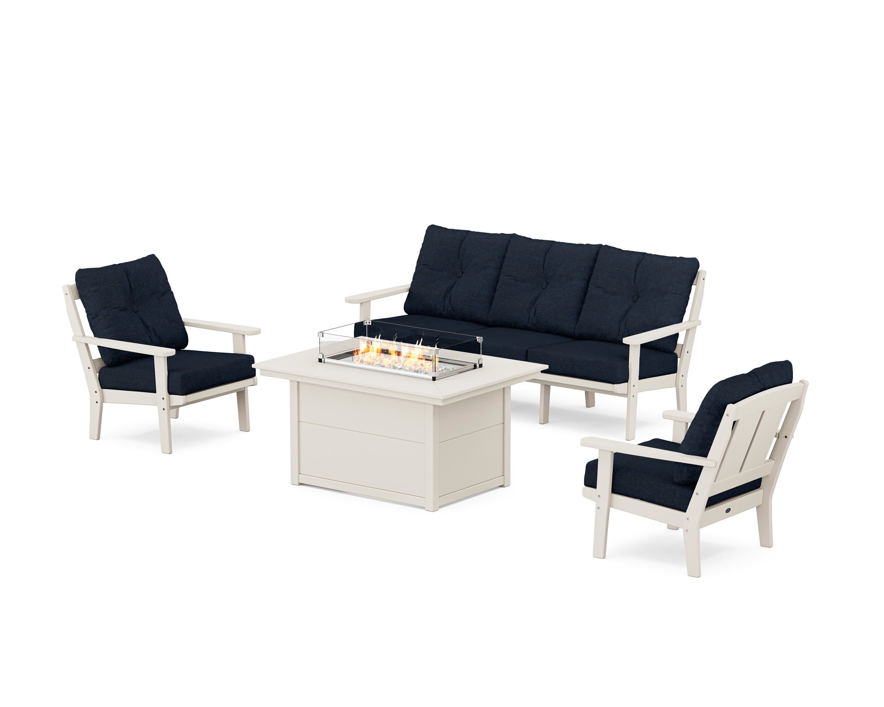 Mission Deep Seating Fire Pit Table Set in Sand / Marine Indigo
