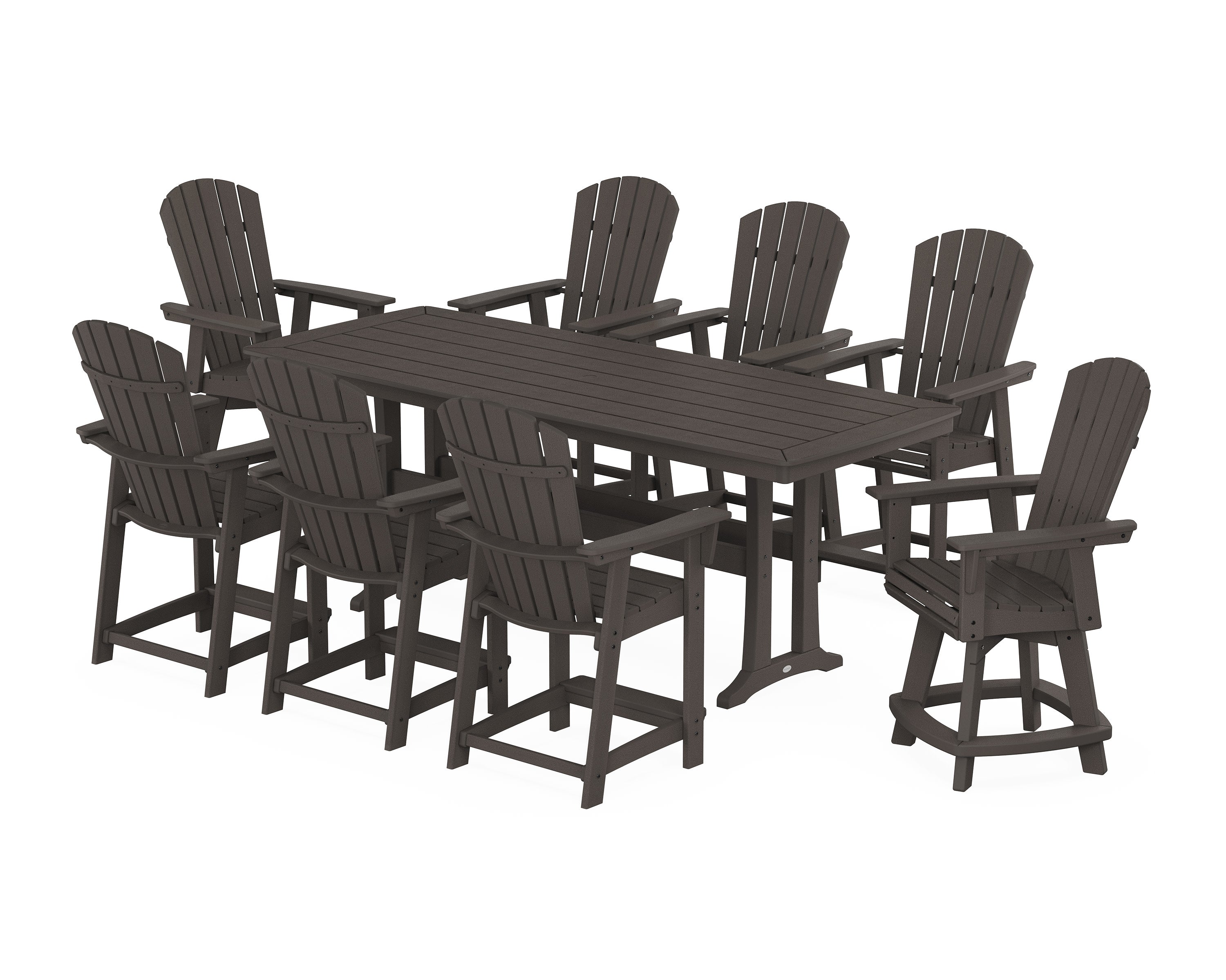 Nautical Curveback Adirondack Swivel 9-Piece Counter Set with Trestle Legs in Vintage Coffee