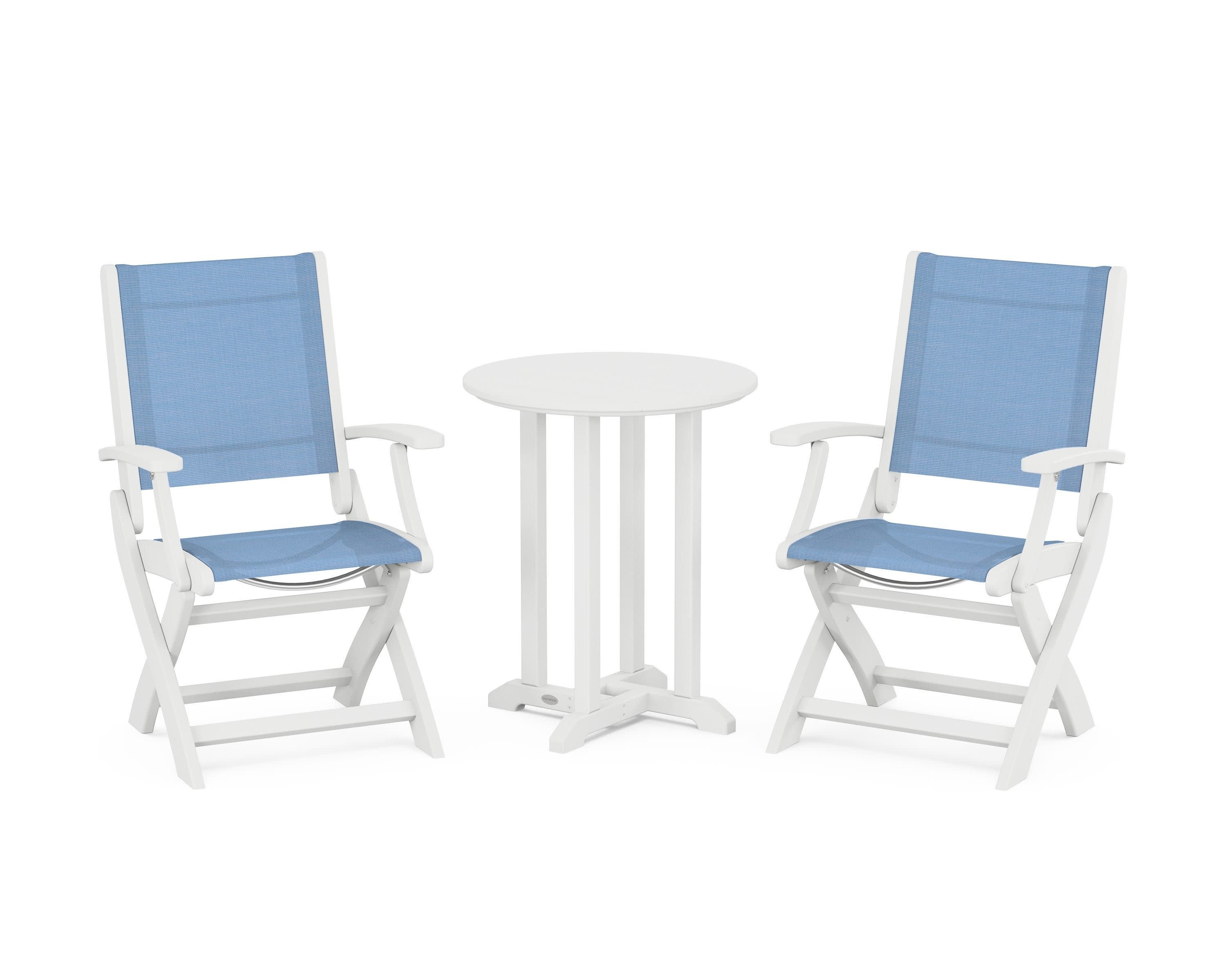 Coastal Folding 3-Piece Round Bistro Dining Set in White / Poolside Sling
