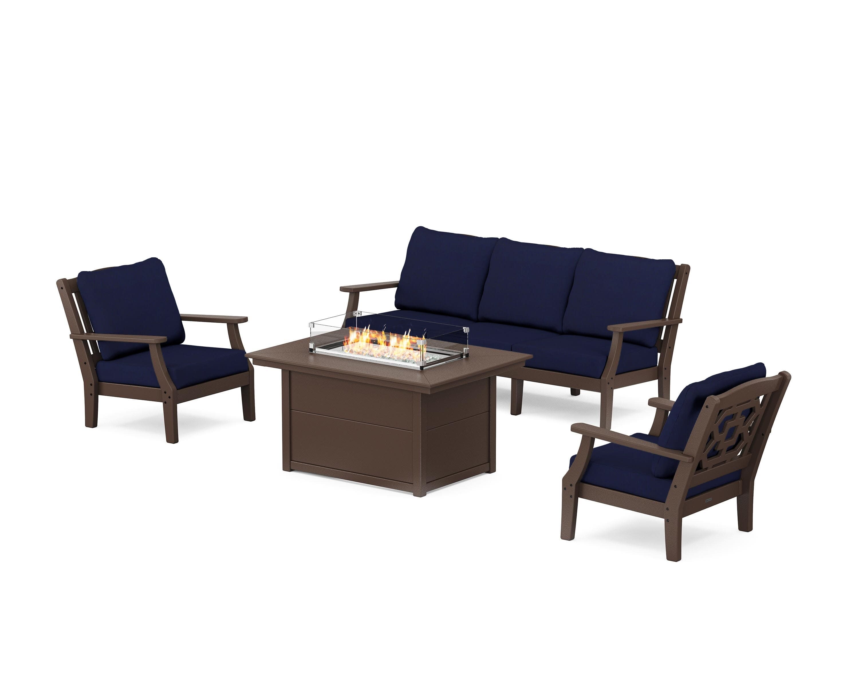 Chinoiserie Deep Seating Fire Pit Table Set in Mahogany / Navy