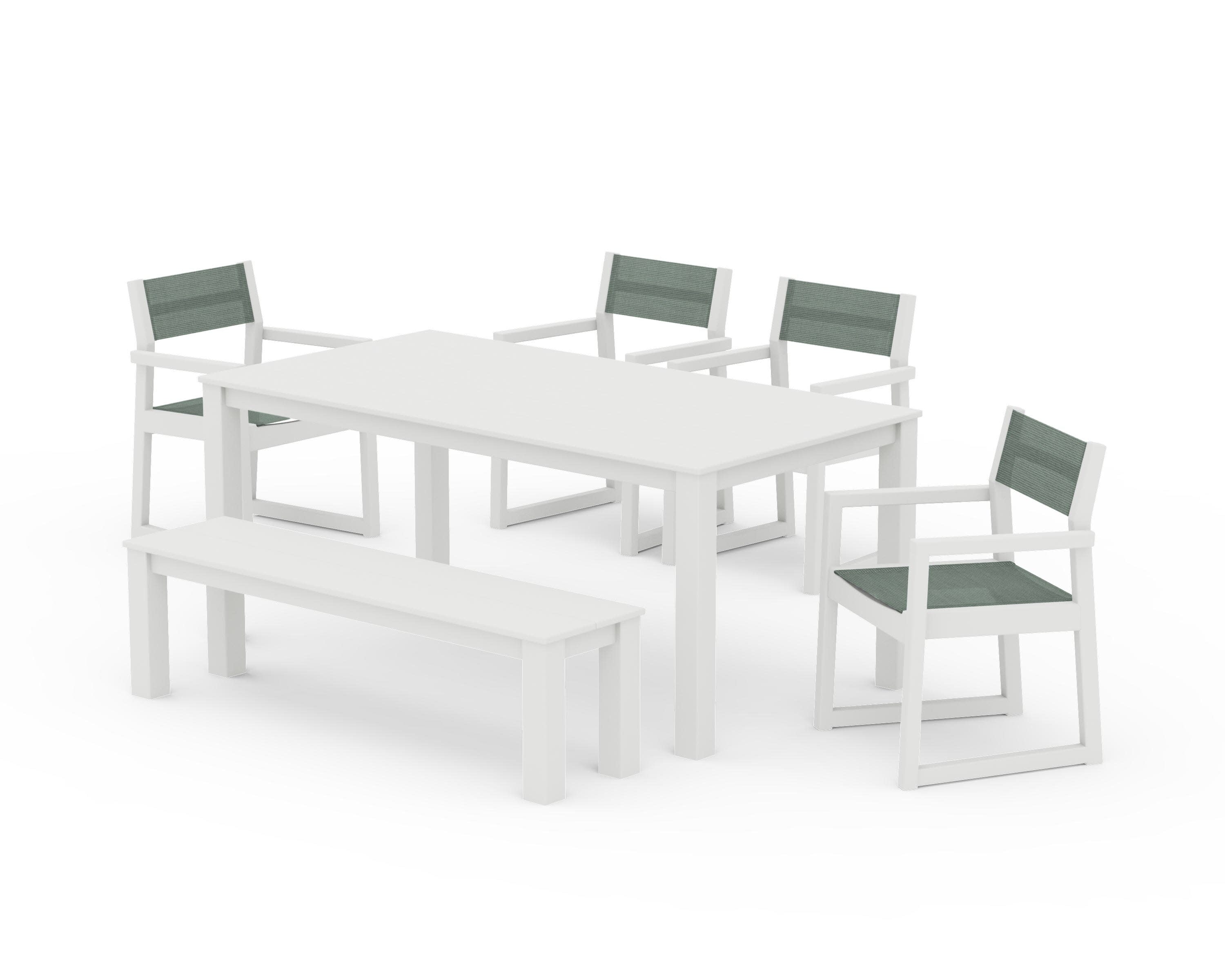 EDGE Sling Arm Chair 6-Piece Parsons Dining Set with Bench in Vintage White / Dupioni Sea Mist Sling