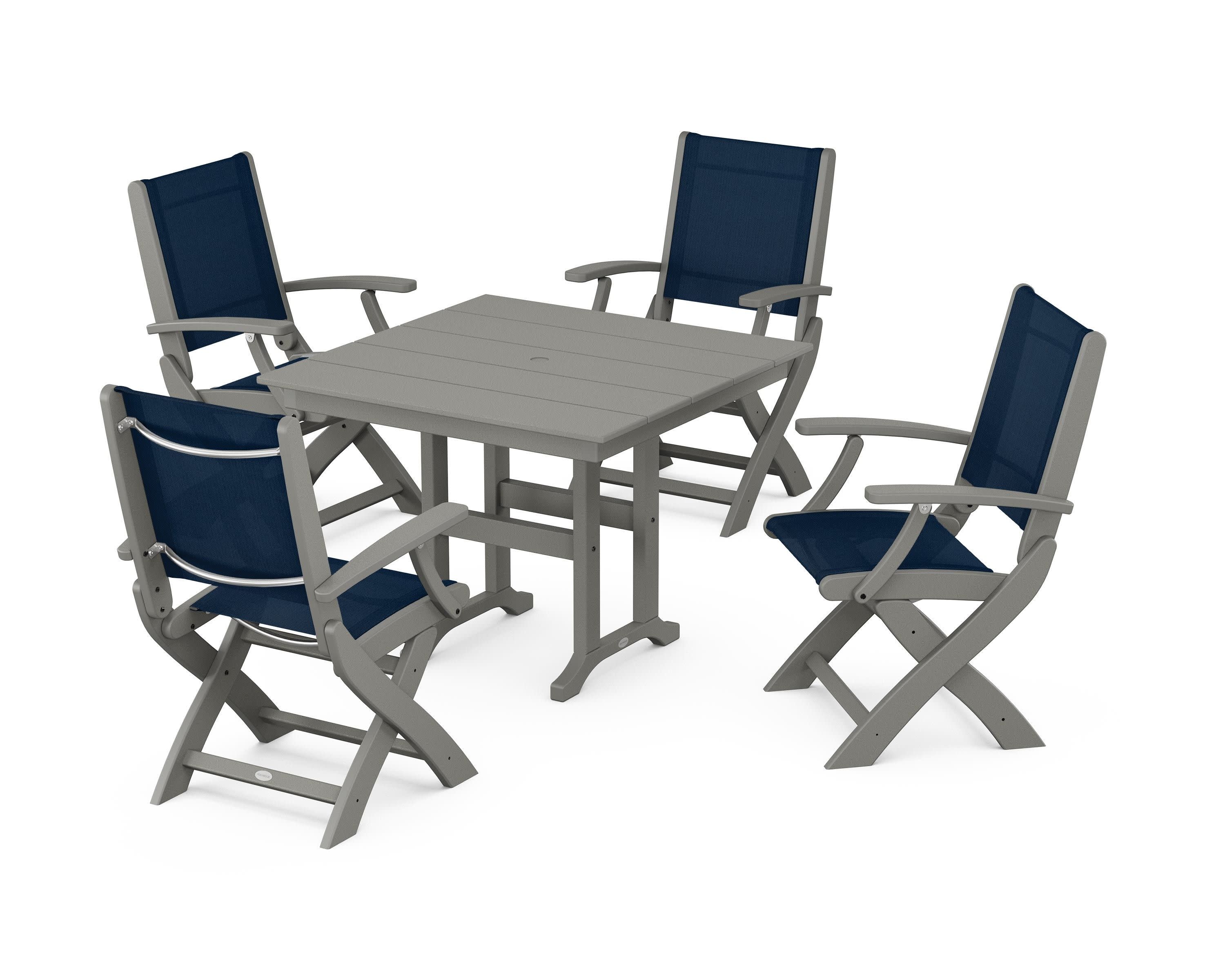 Coastal Folding Chair 5-Piece Farmhouse Dining Set in Slate Grey / Navy Blue Sling