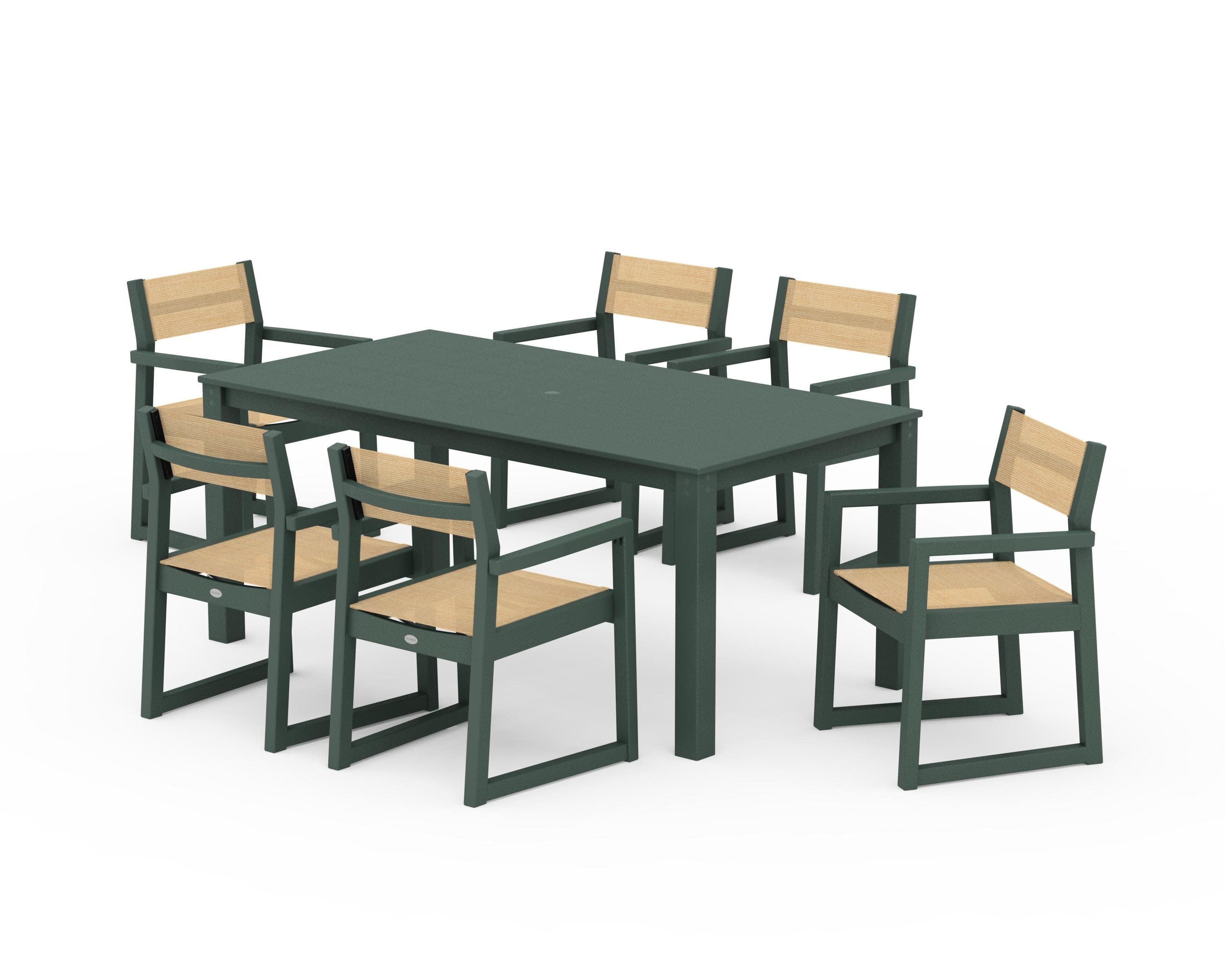 EDGE Sling Arm Chair 7-Piece Parsons Dining Set in Green / Dupioni Apricot Sling