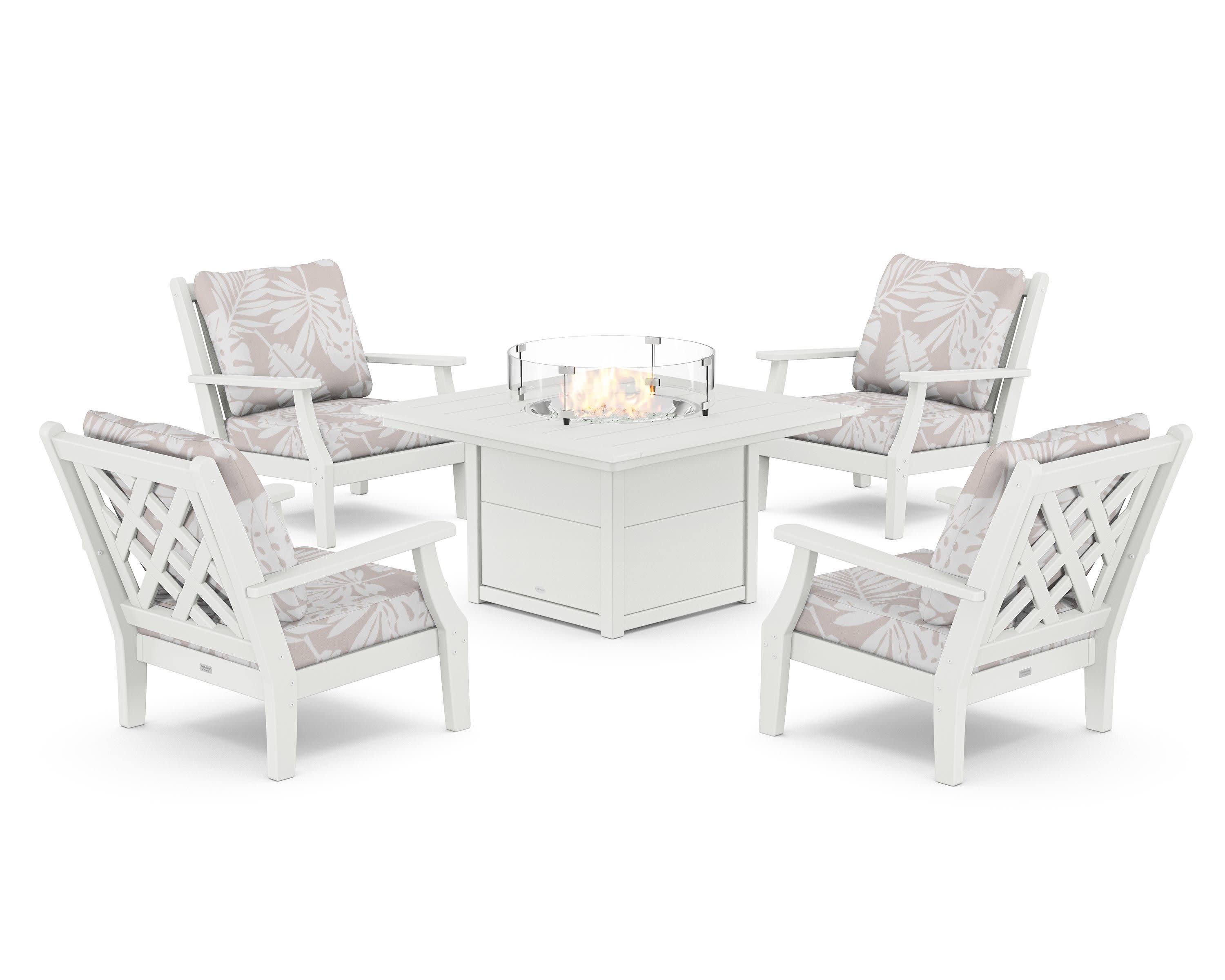 Wovendale 5-Piece Deep Seating Set with Fire Pit Table in White / Leaf Dune Burlap