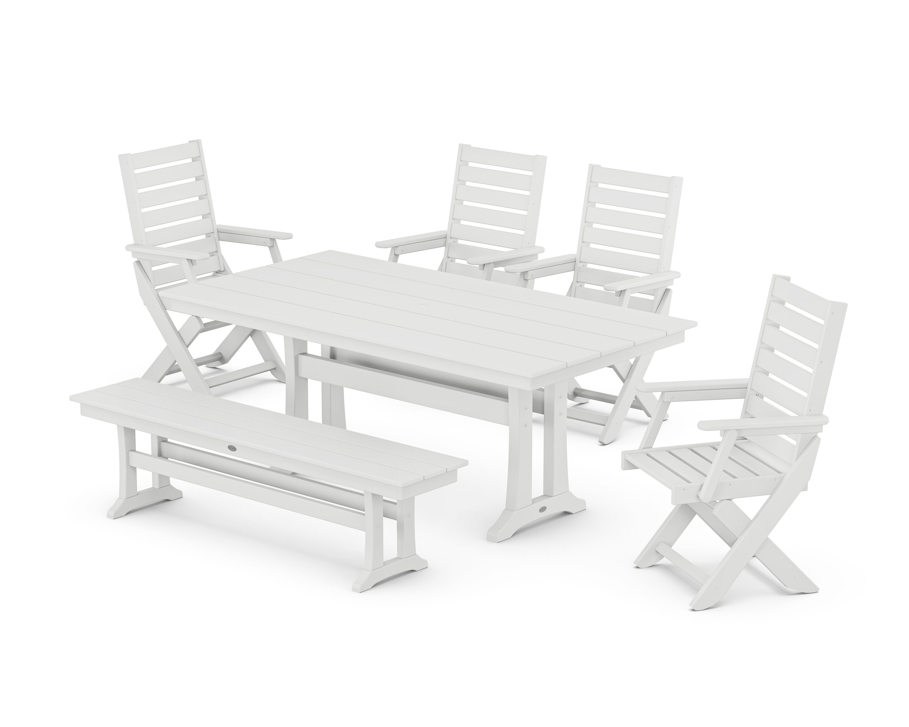 Captain Folding Chair 6-Piece Farmhouse Dining Set with Trestle Legs and Bench in White