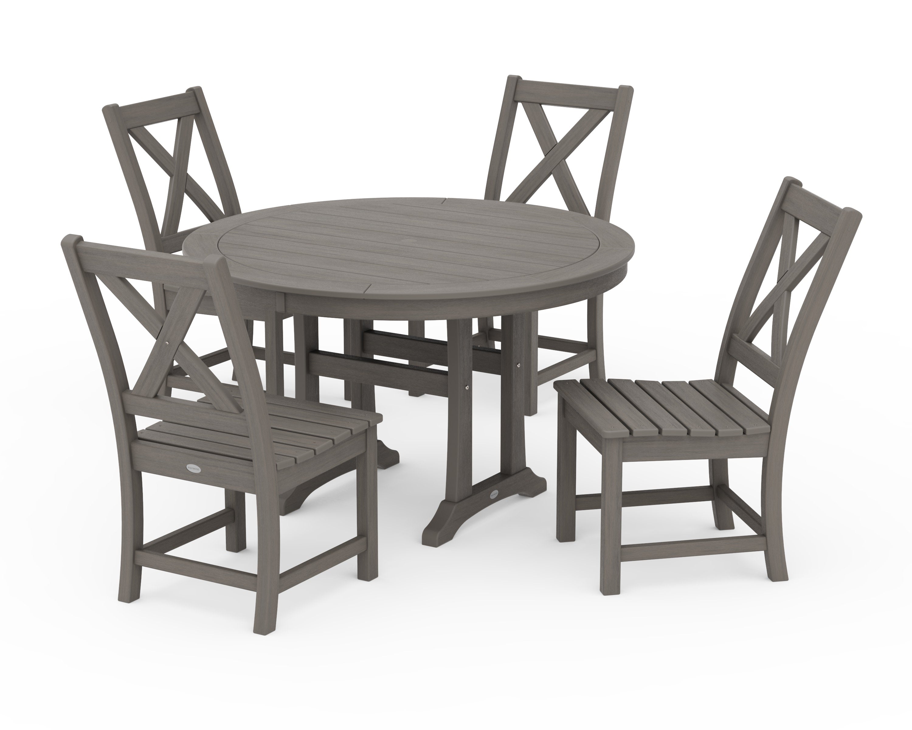 Braxton Side Chair 5-Piece Round Dining Set With Trestle Legs in Driftwood