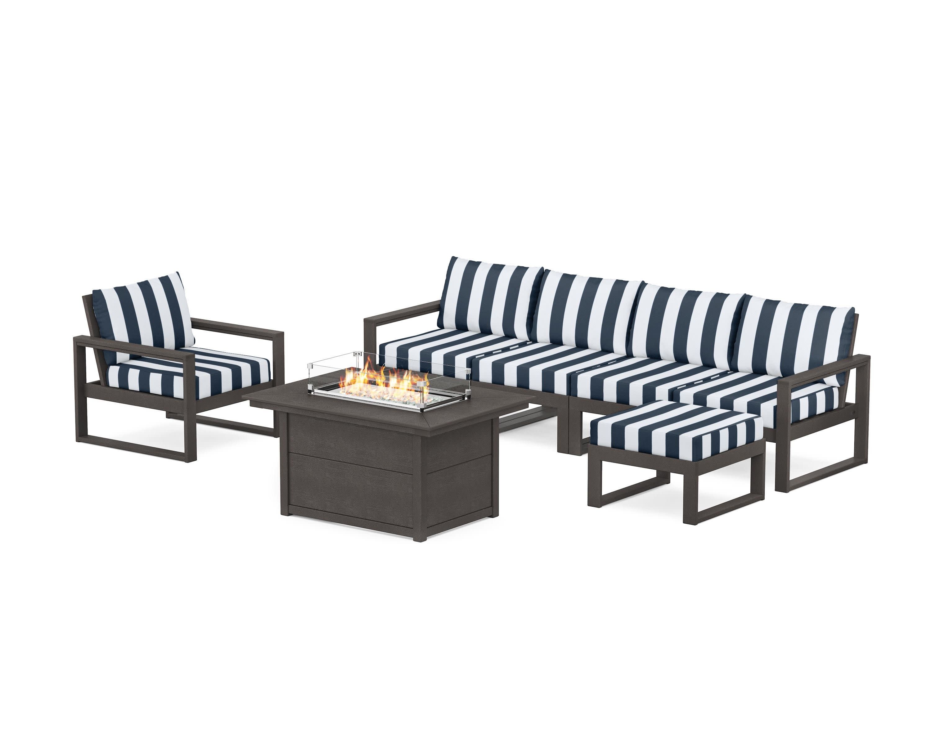 EDGE Sectional Lounge and Fire Pit Set in Vintage Coffee / Cabana Stripe Marine Indigo