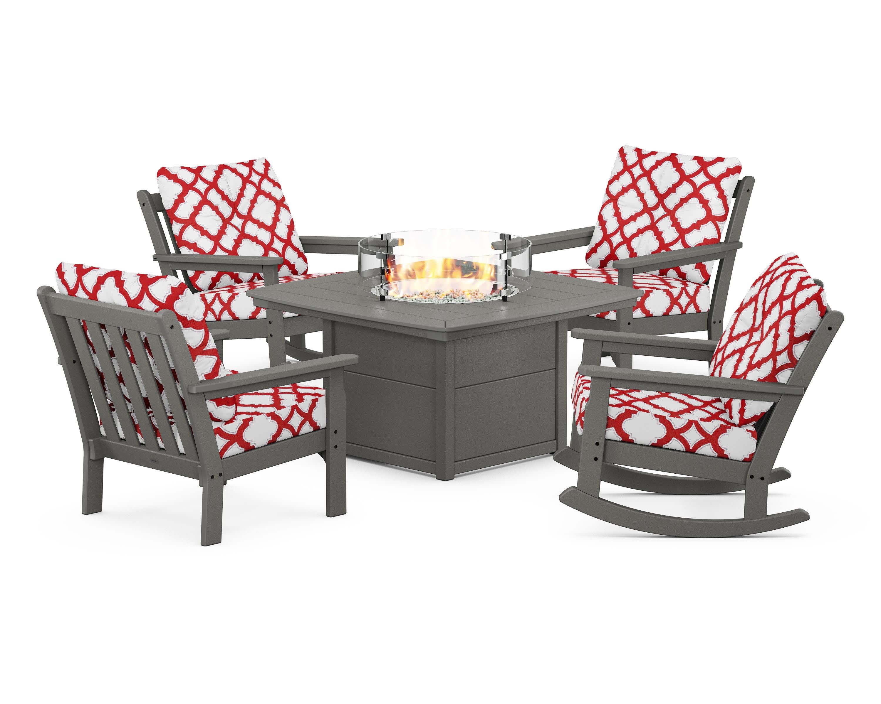 Vineyard 5-Piece Deep Seating Rocking Chair Conversation Set with Fire Pit Table in Slate Grey / Trellis Crimson