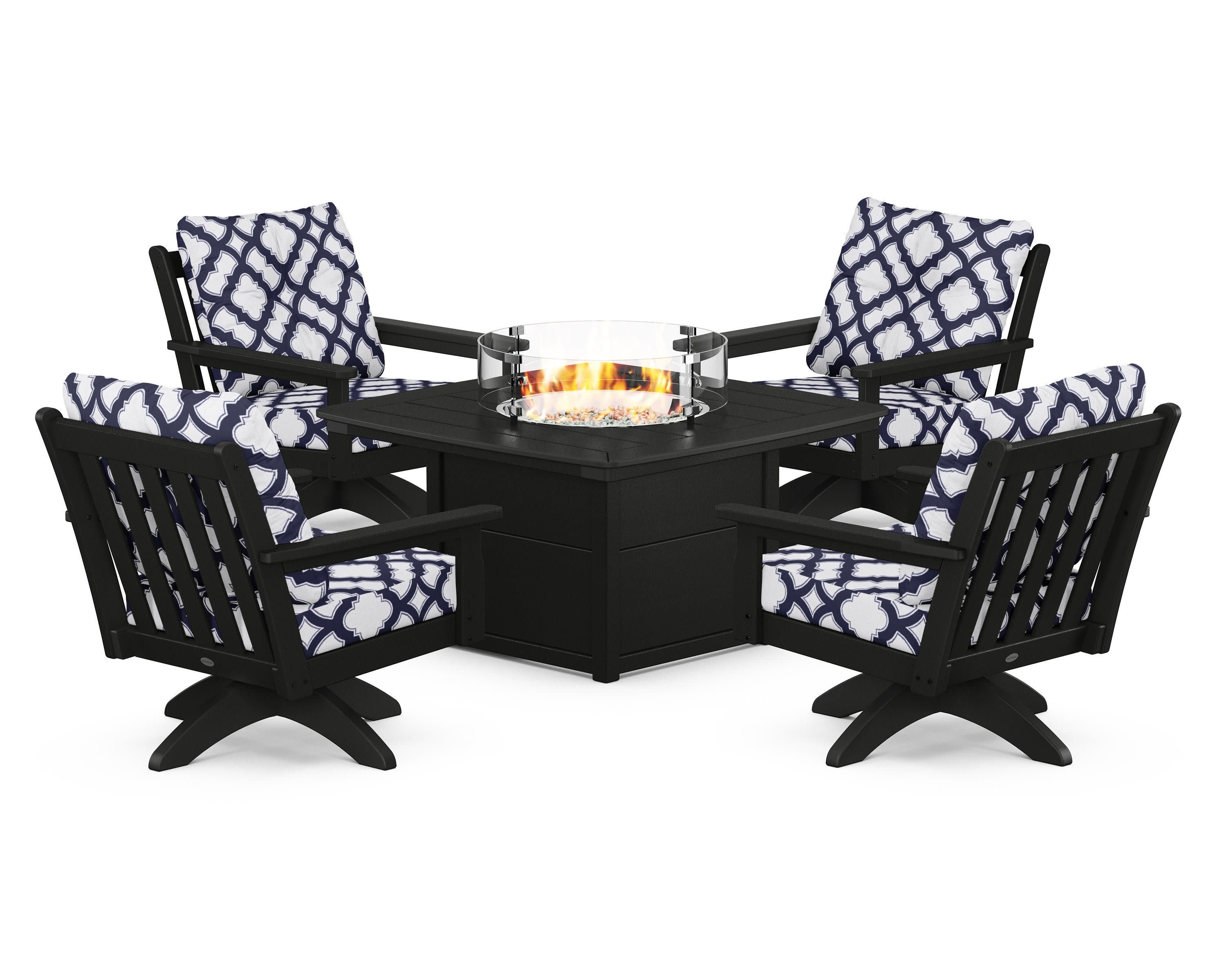 Vineyard 5-Piece Deep Seating Swivel Conversation Set with Fire Pit Table in Black / Trellis Navy