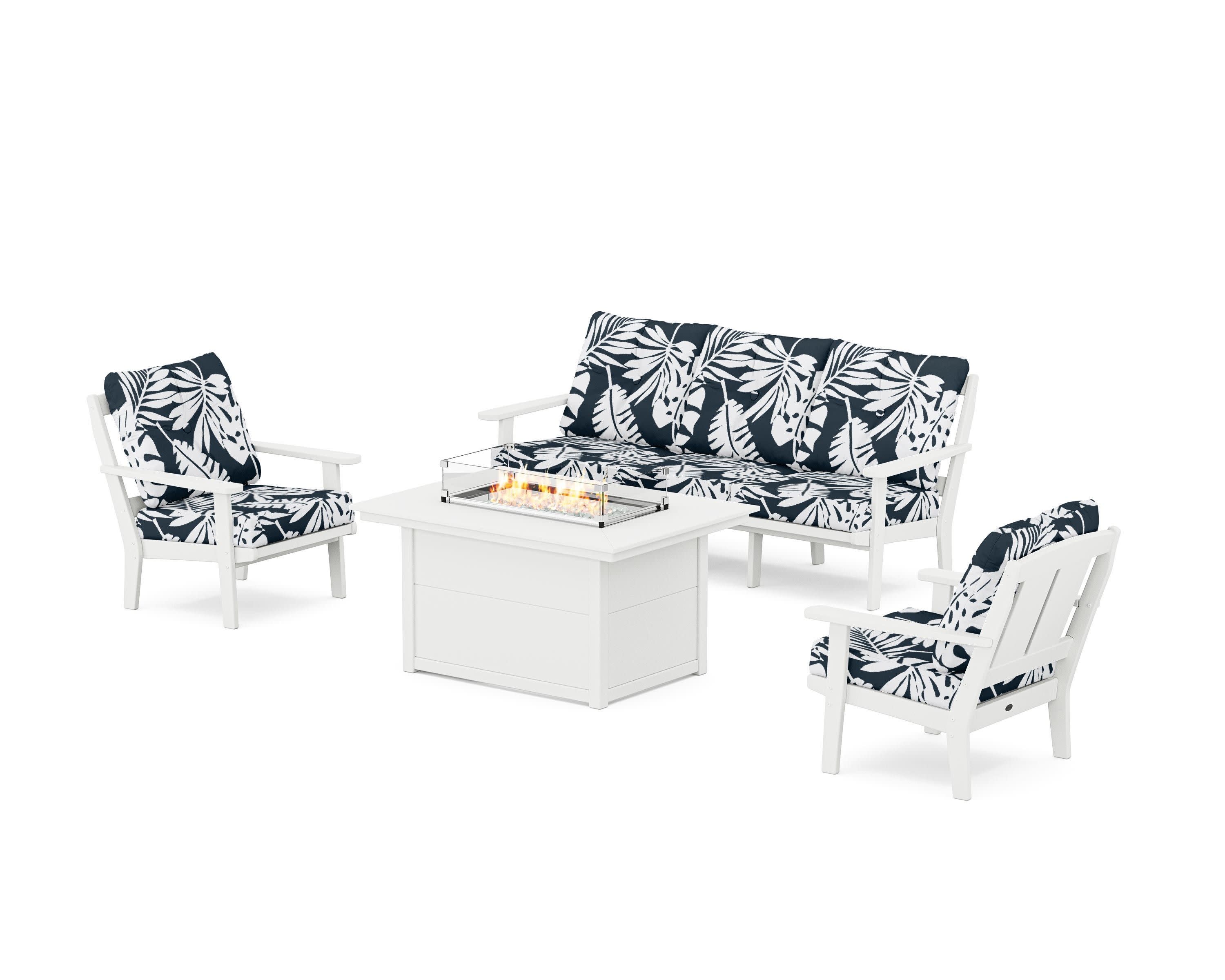 Mission Deep Seating Fire Pit Table Set in White / Leaf Marine Indigo