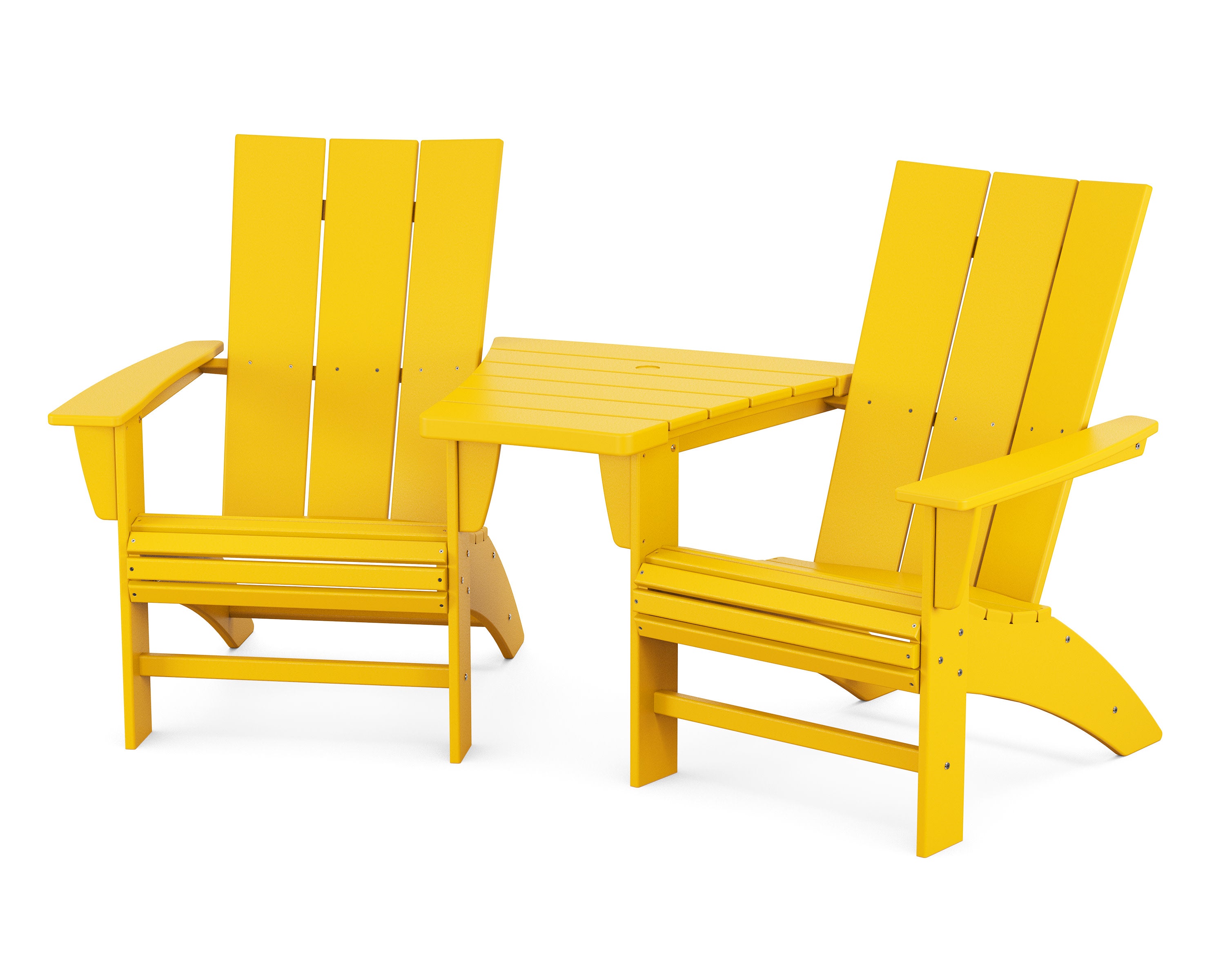 Modern 3-Piece Curveback Adirondack Set with Angled Connecting Table in Lemon
