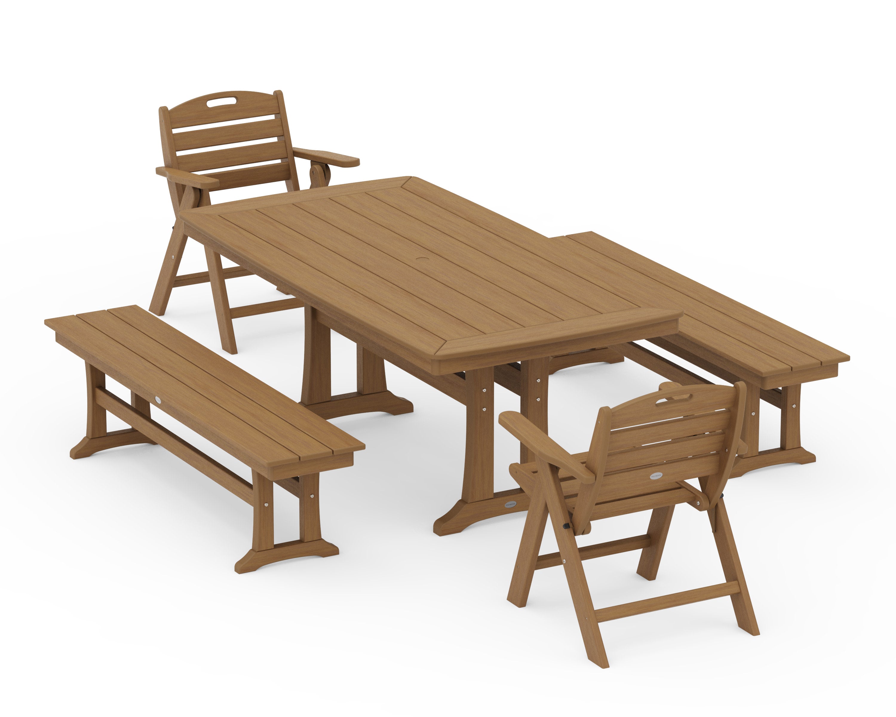 Nautical Folding Lowback Chair 5-Piece Dining Set with Trestle Legs and Benches in Natural