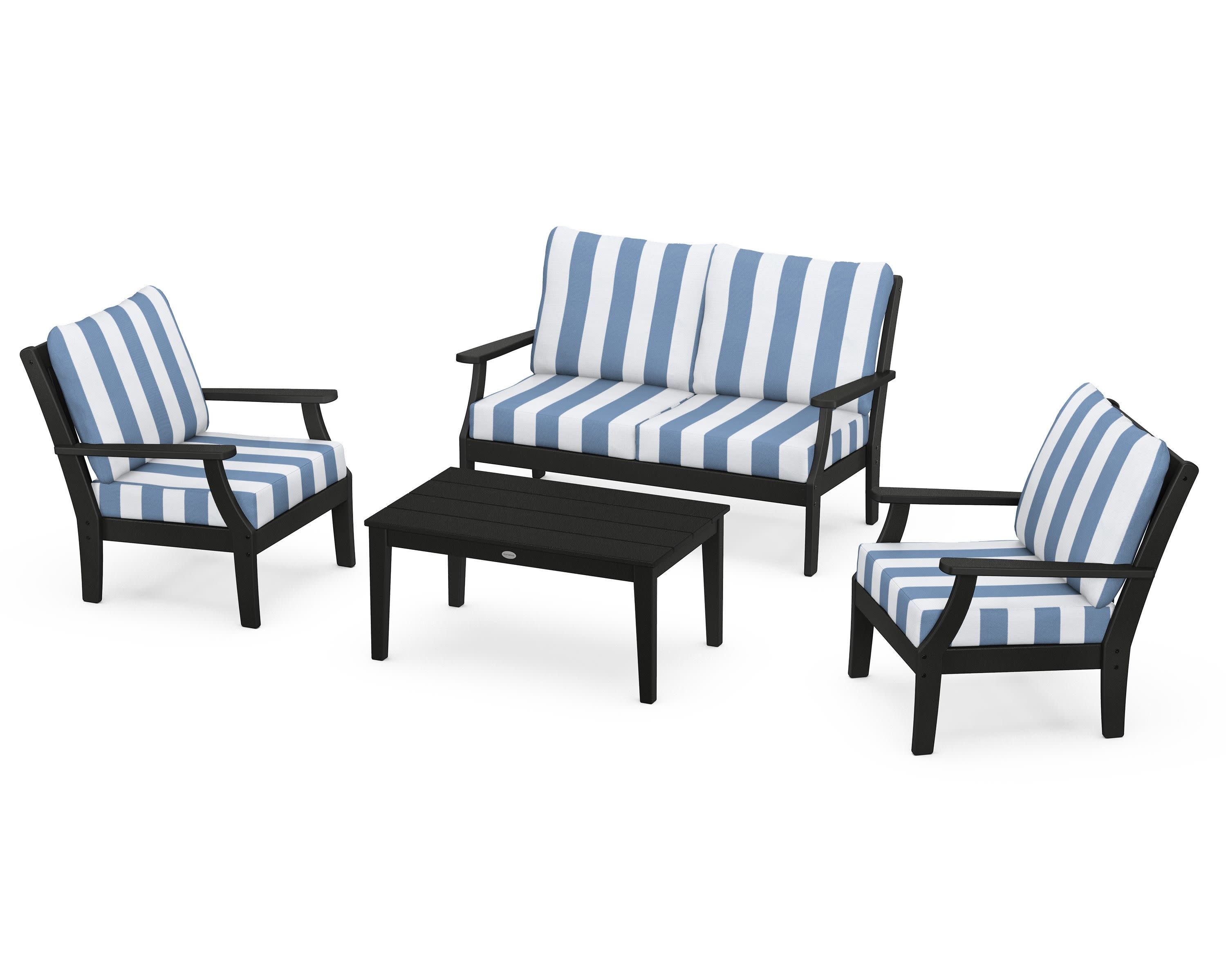 Braxton 4-Piece Deep Seating Chair Set in Black / Cabana Stripe Sky Blue