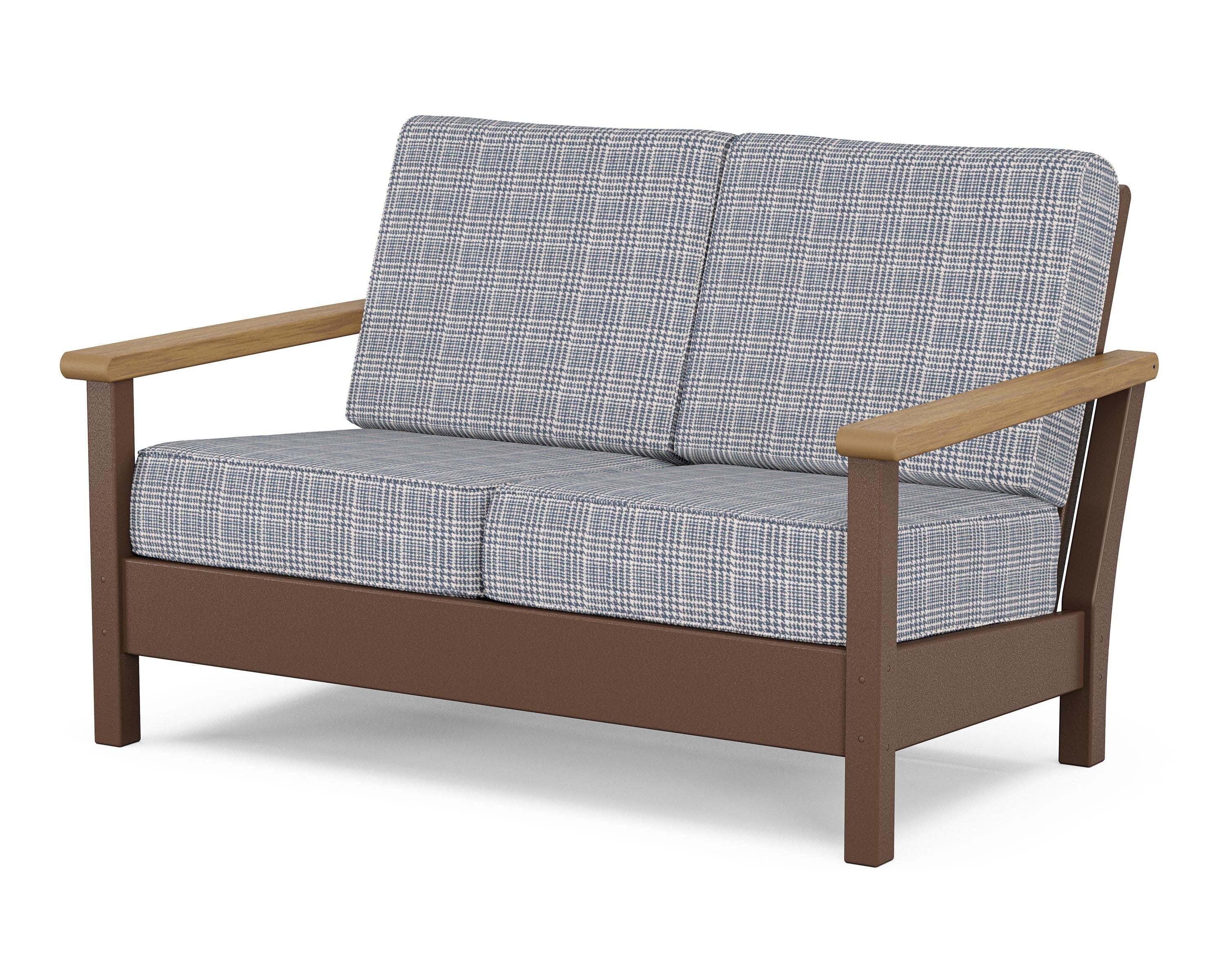 Harbour Deep Seating Loveseat in Mahogany / Natural / Houndstooth Sky Blue
