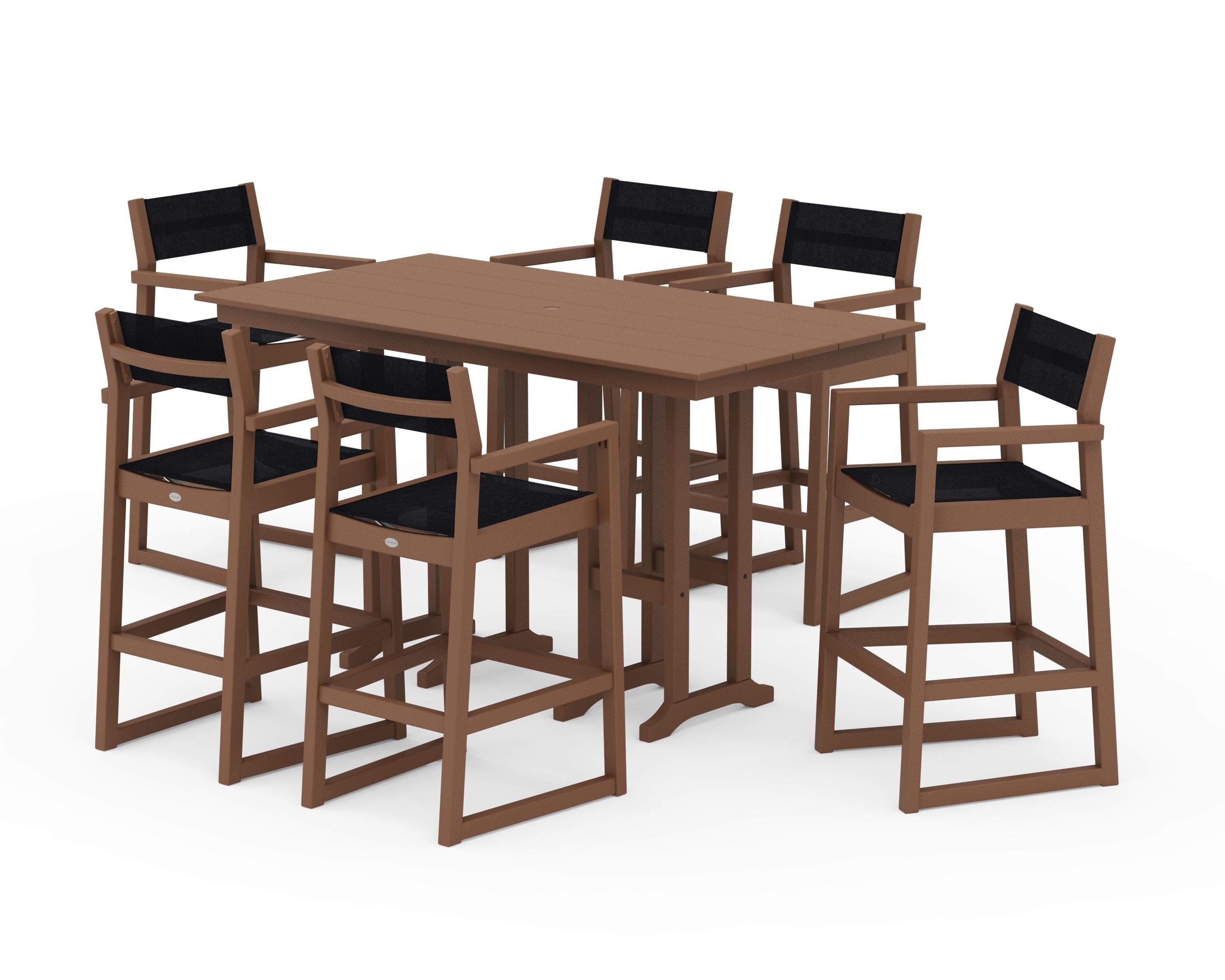 EDGE Sling Arm Chair 7-Piece Farmhouse Bar Set in Teak / Black Sling