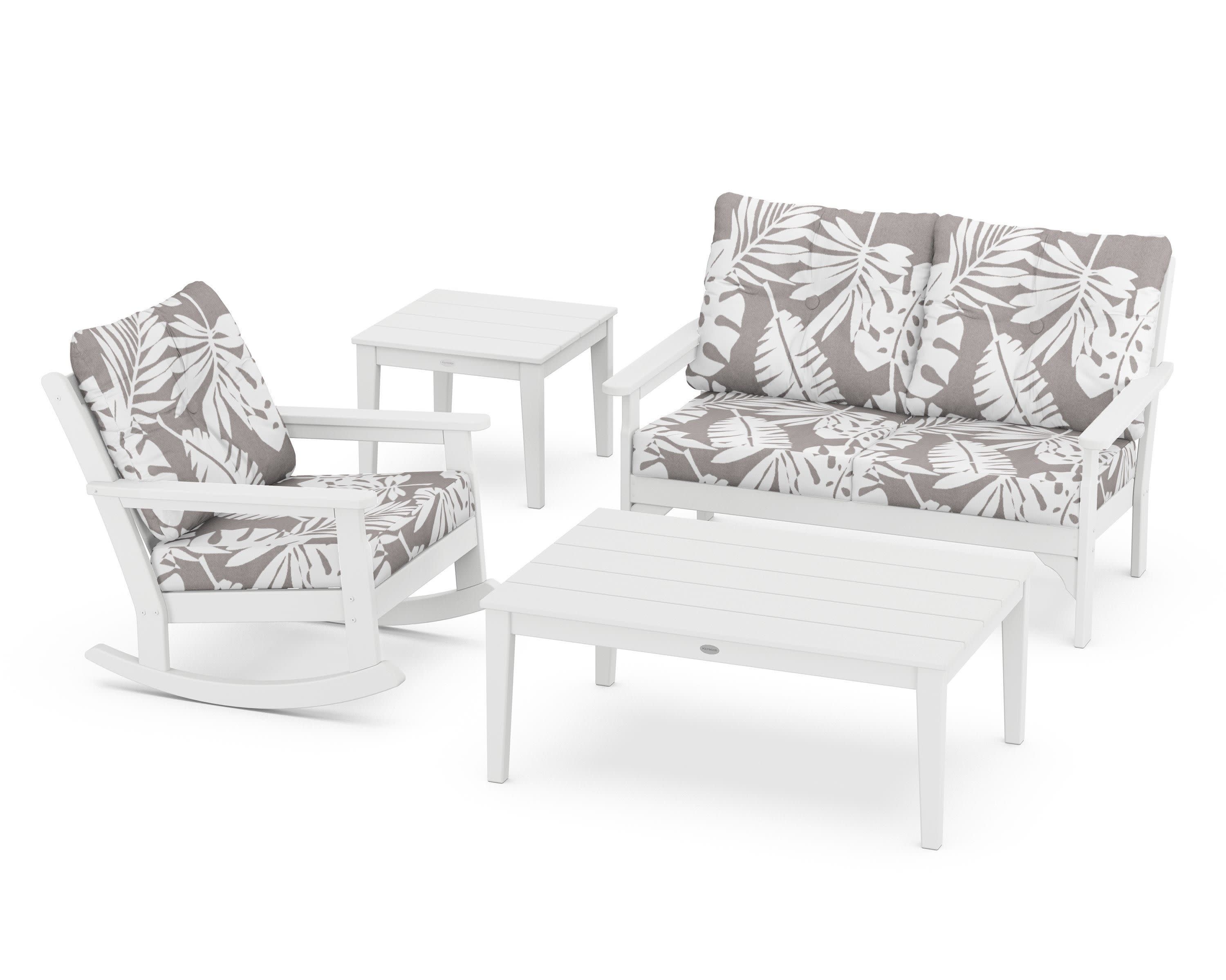 Vineyard 4-Piece Deep Seating Rocker Set in White / Leaf Grey Mist