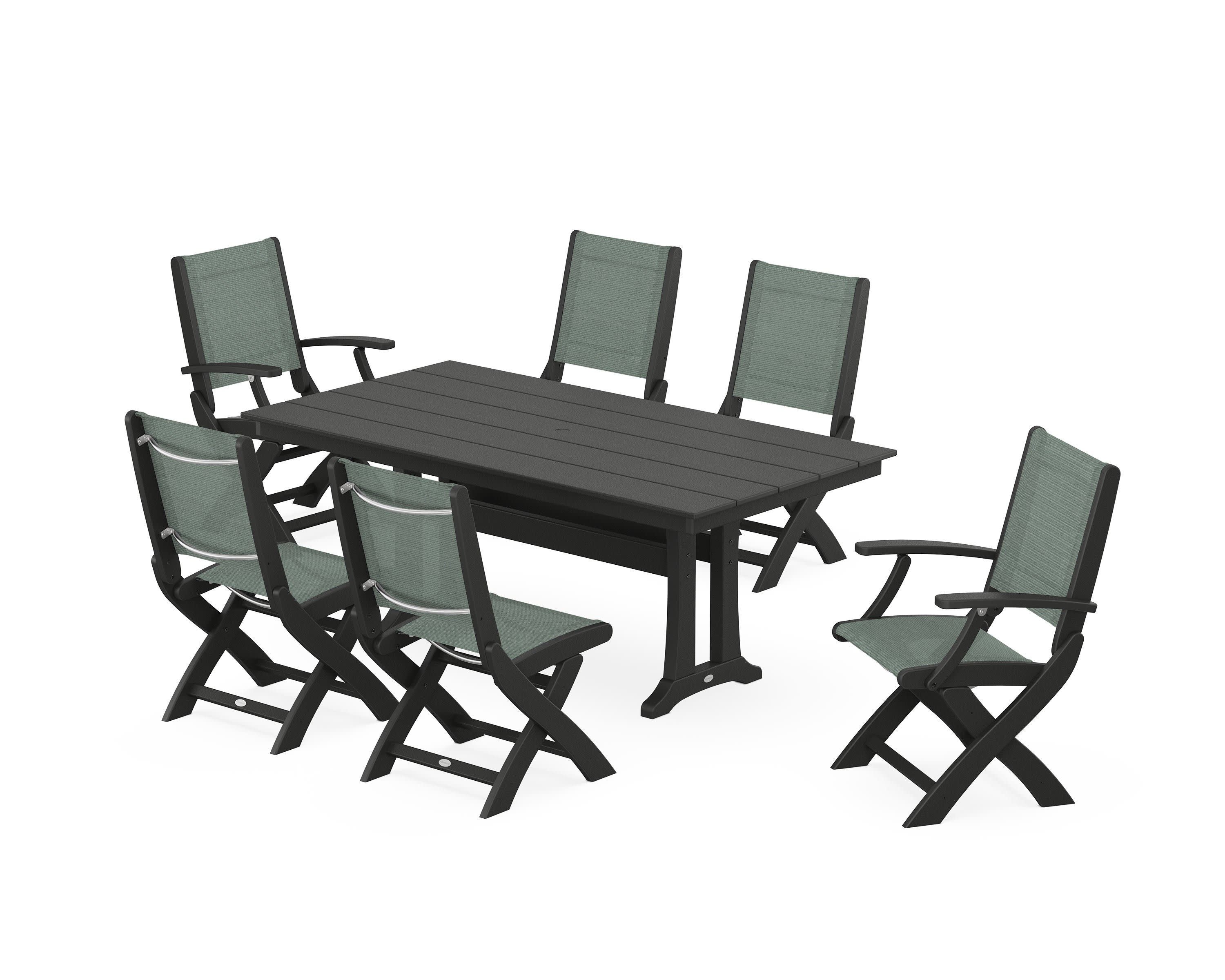 Coastal Folding Chair 7-Piece Farmhouse Dining Set with Trestle Legs in Black / Dupioni Sea Mist Sling