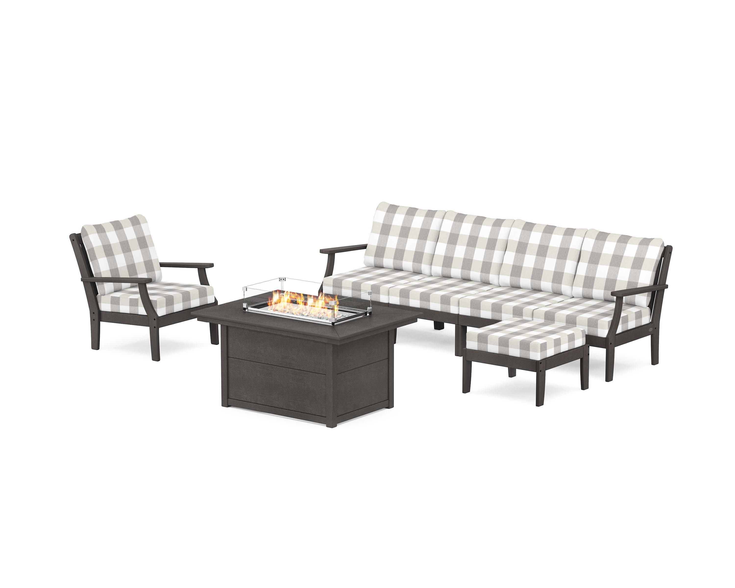 Braxton Sectional Lounge and Fire Pit Set in Vintage Coffee / Buffalo Plaid Grey Mist